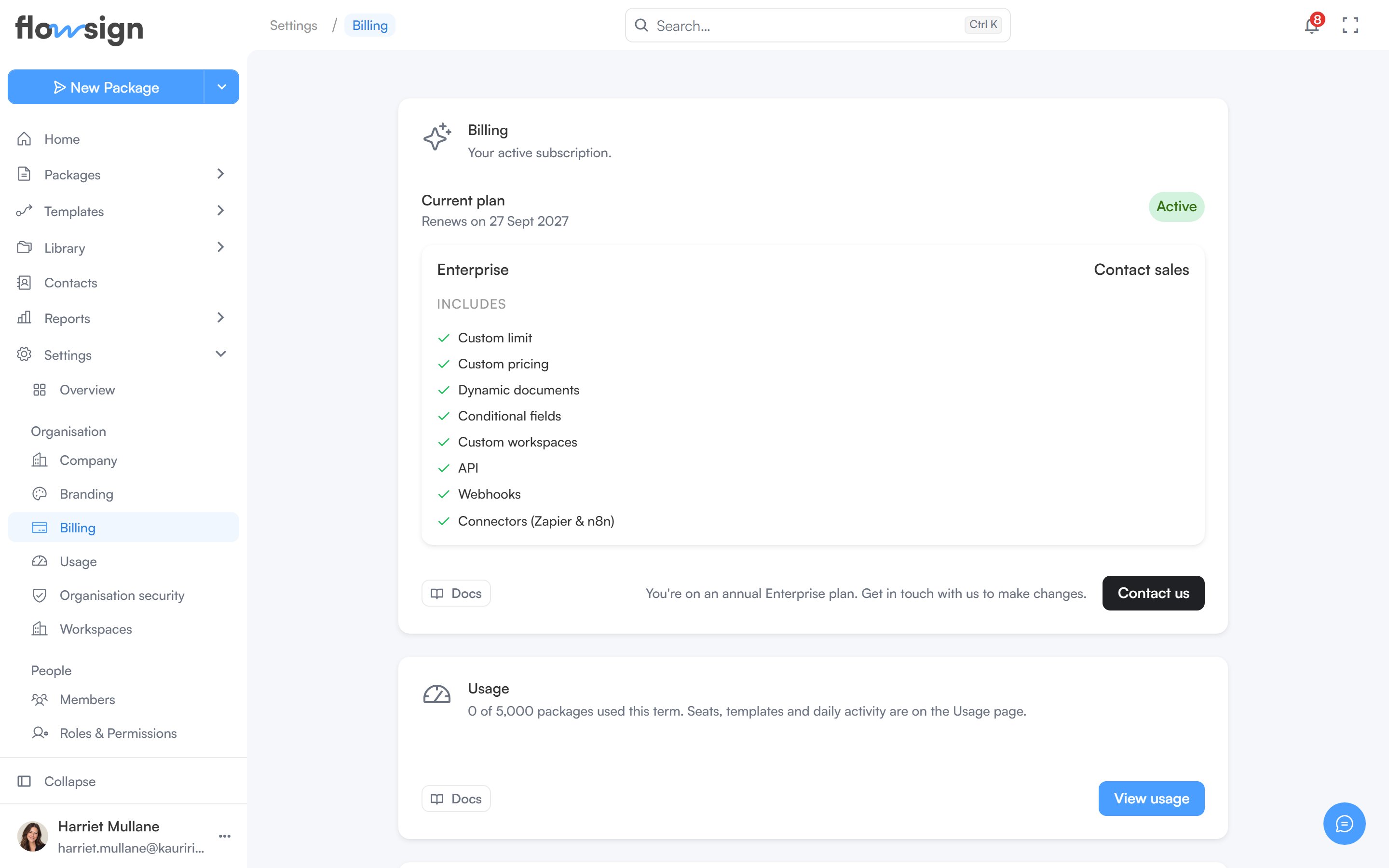 The billing settings page showing the active plan and usage