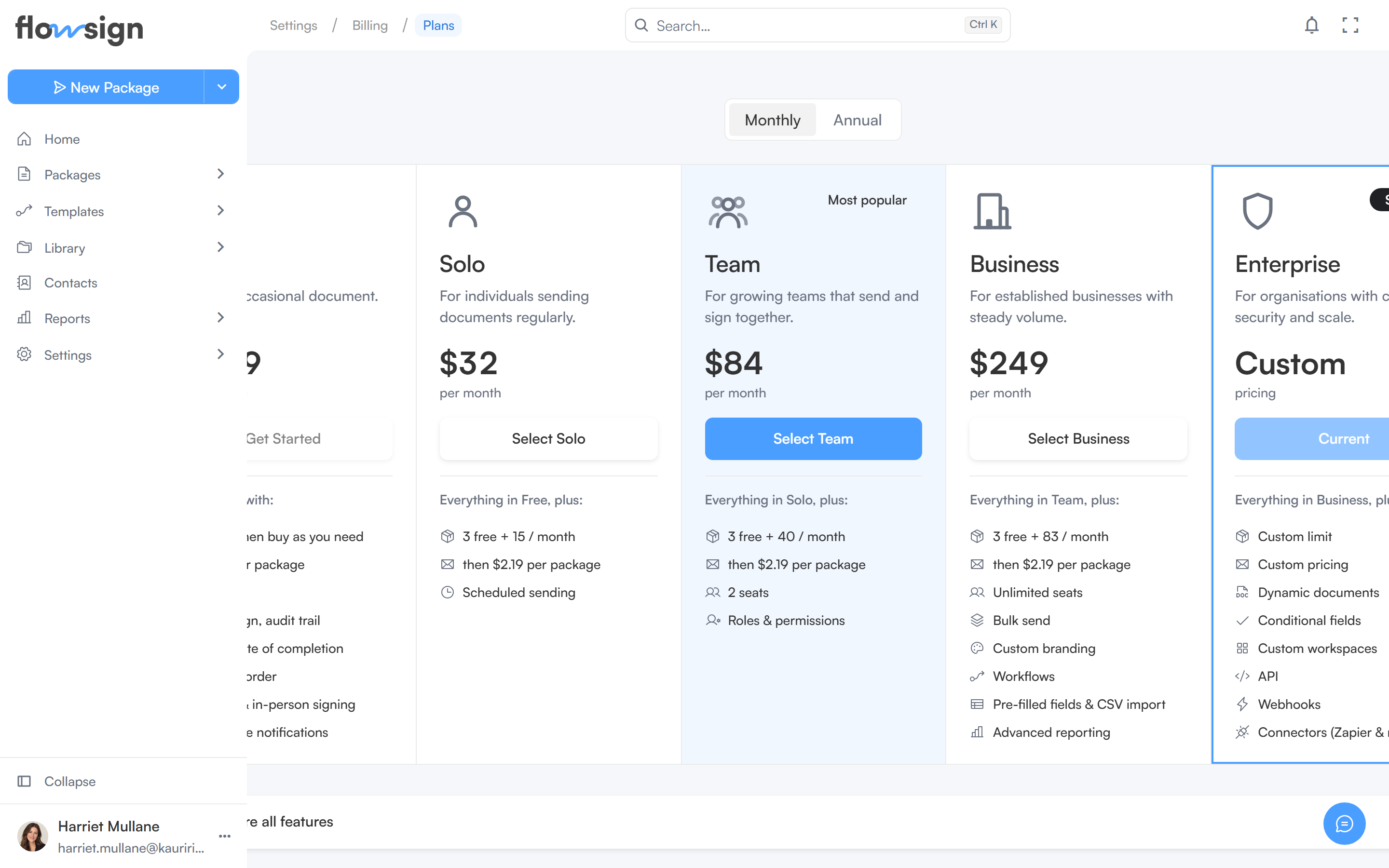 The plan picker page comparing plans and their features