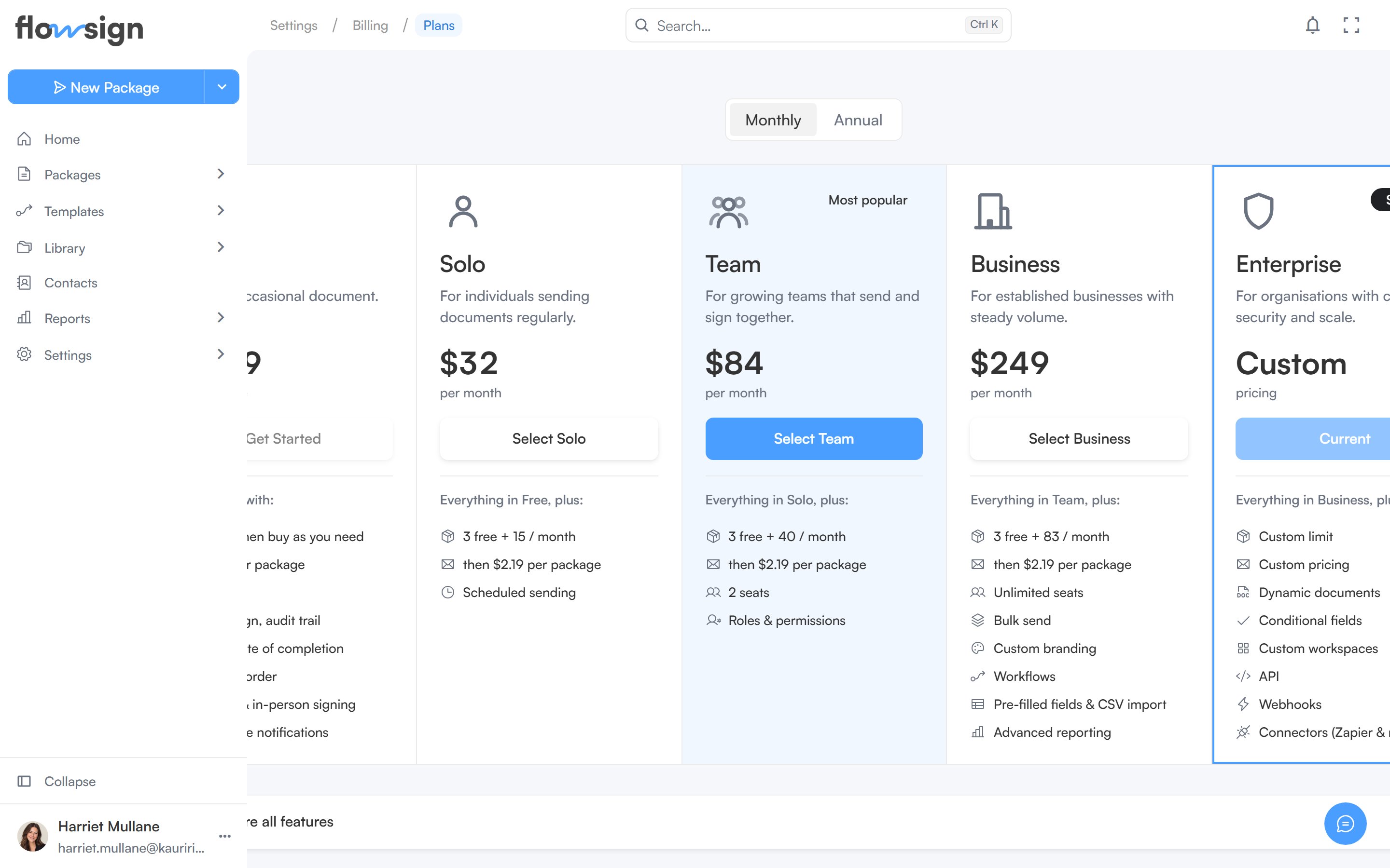 The plan picker page comparing plans and their features