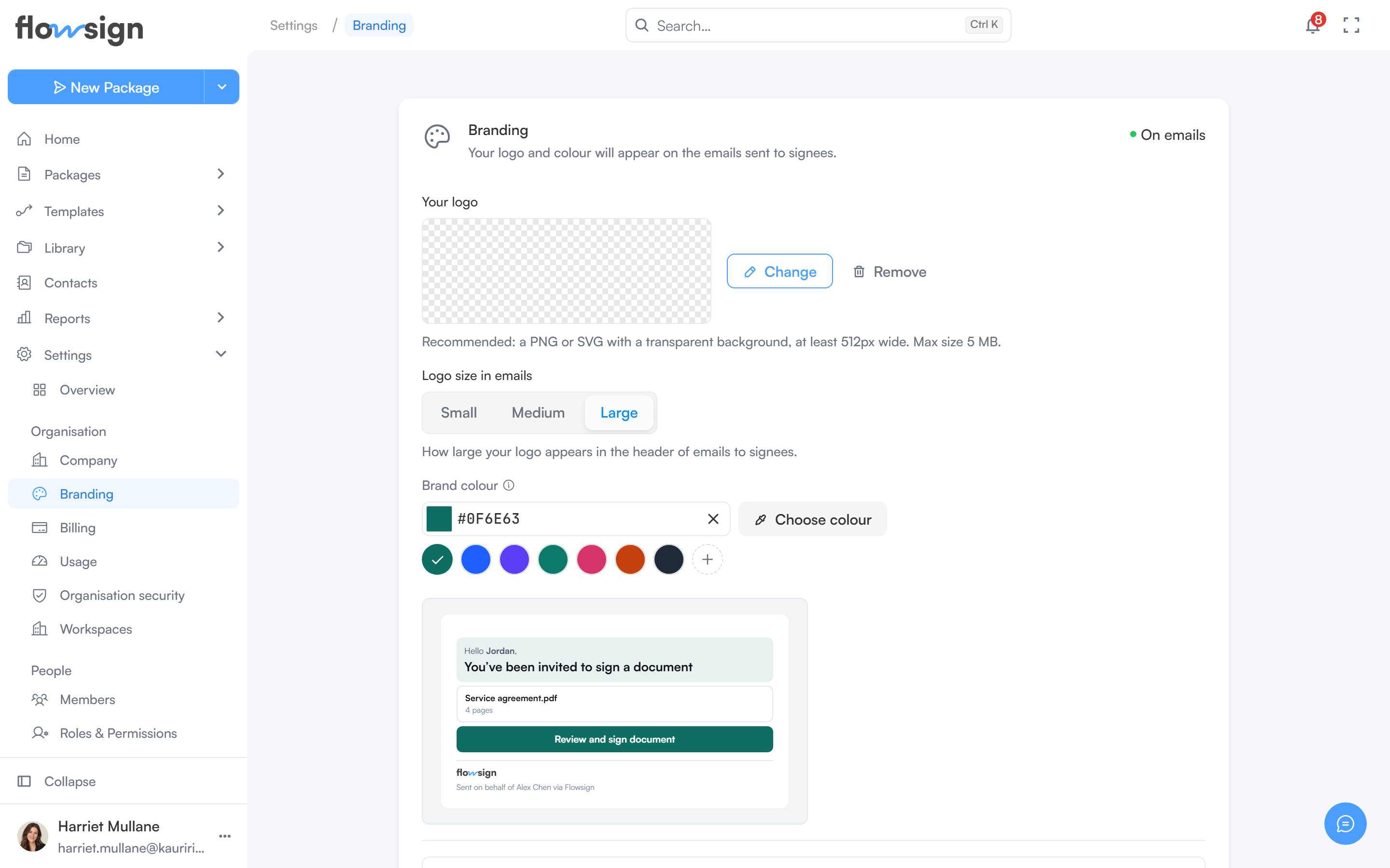 The branding settings page showing the logo and brand colour