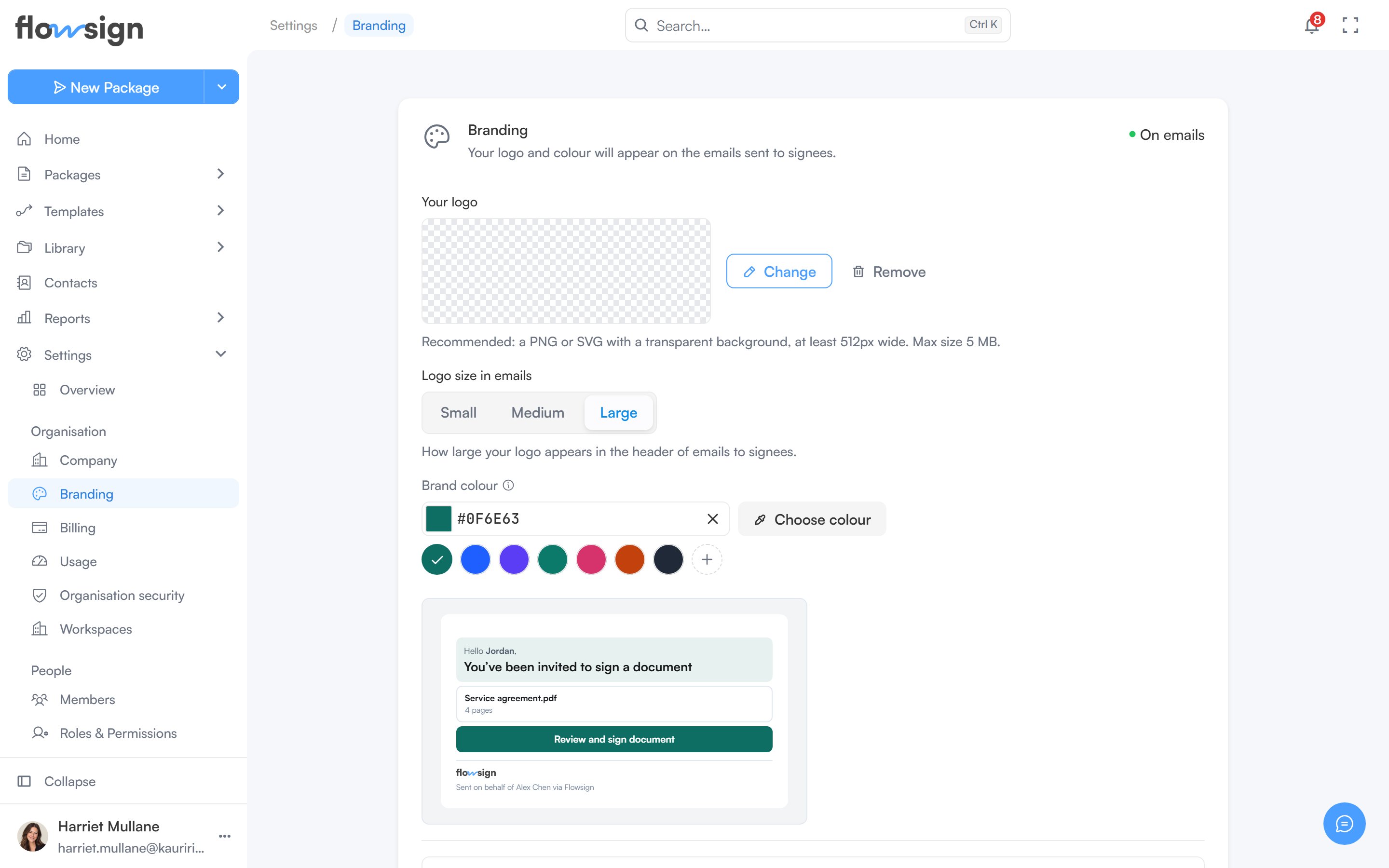 The branding settings page showing the logo and brand colour