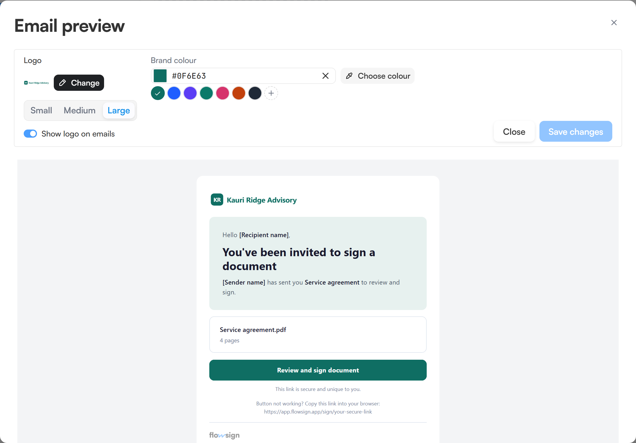 The email preview dialog showing a sample invitation with the draft branding