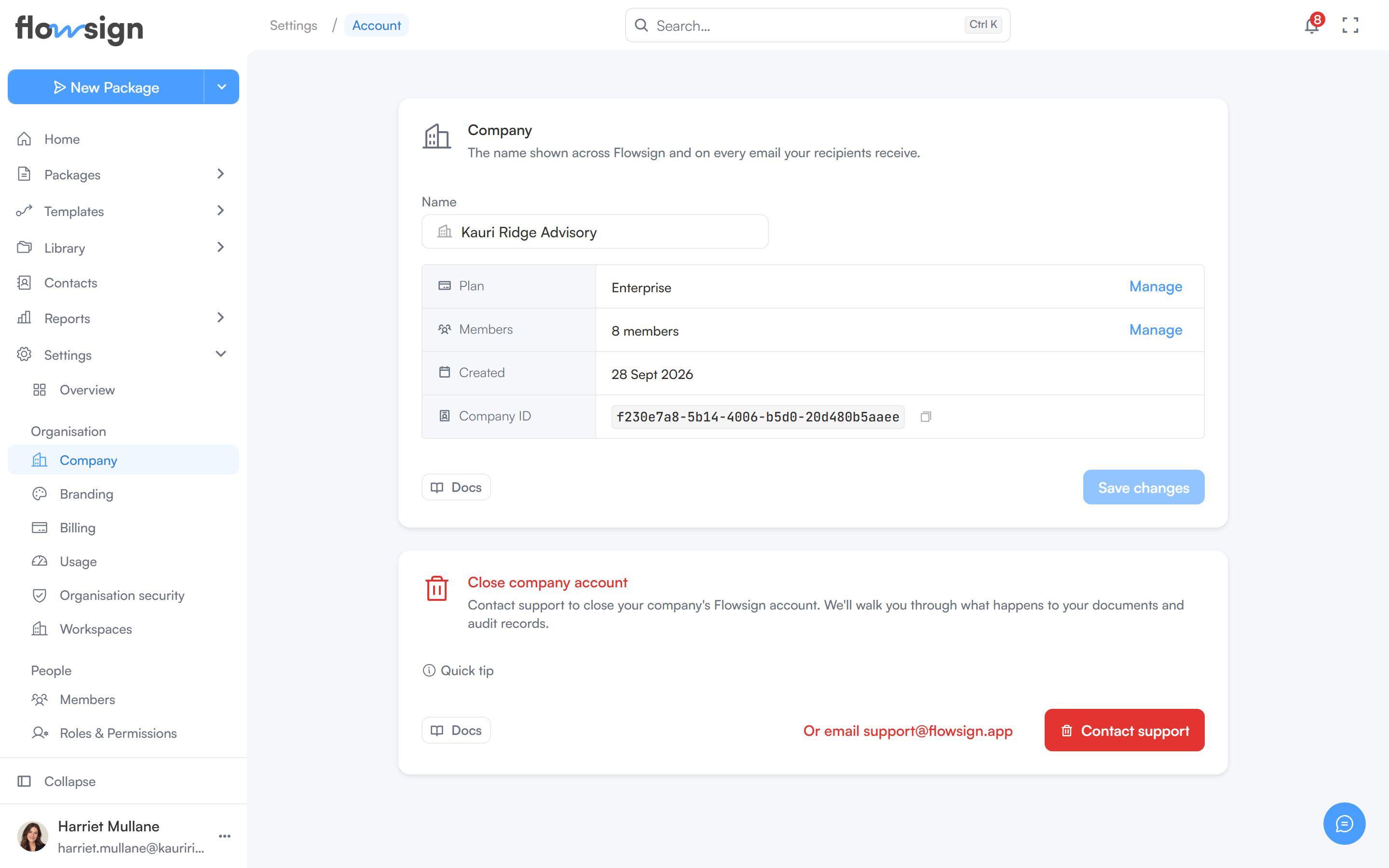 The company settings page
