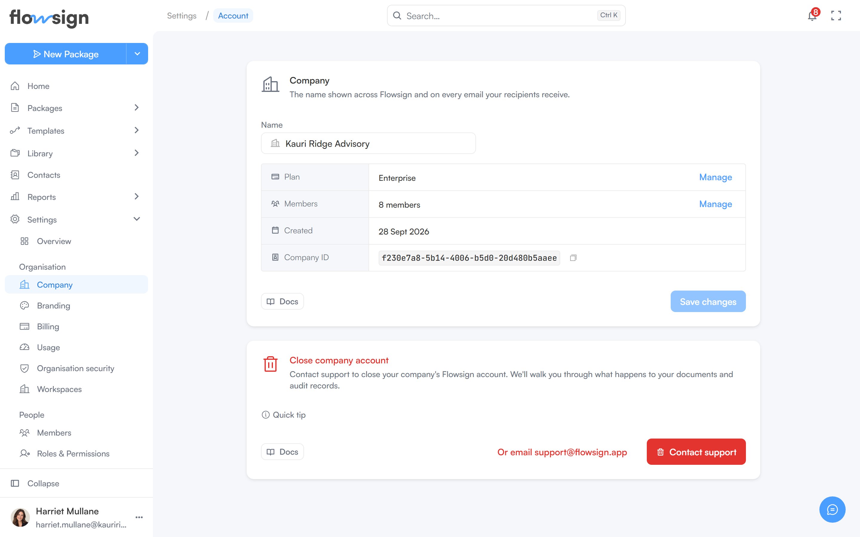 The company settings page