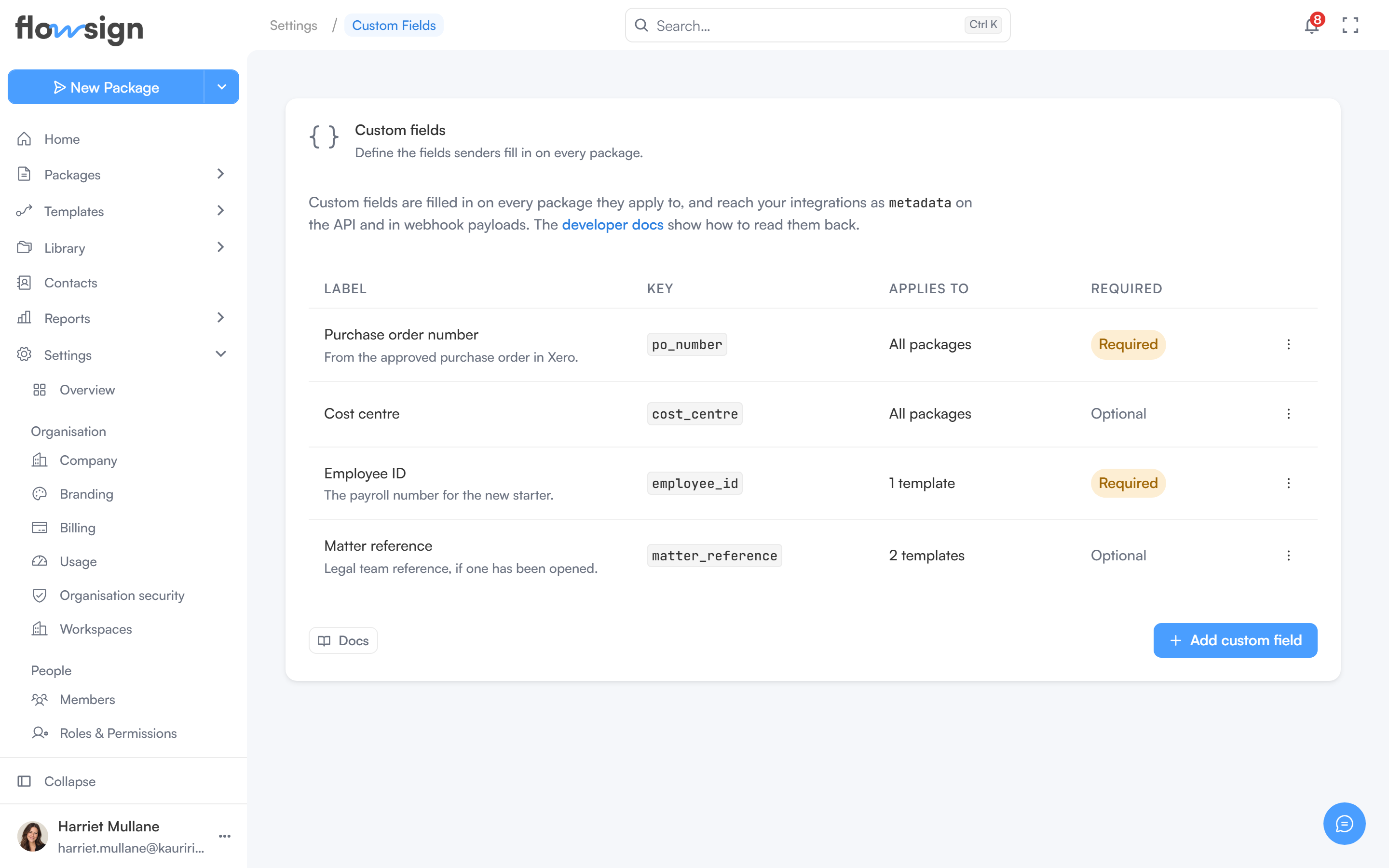 The custom fields settings page with an empty table