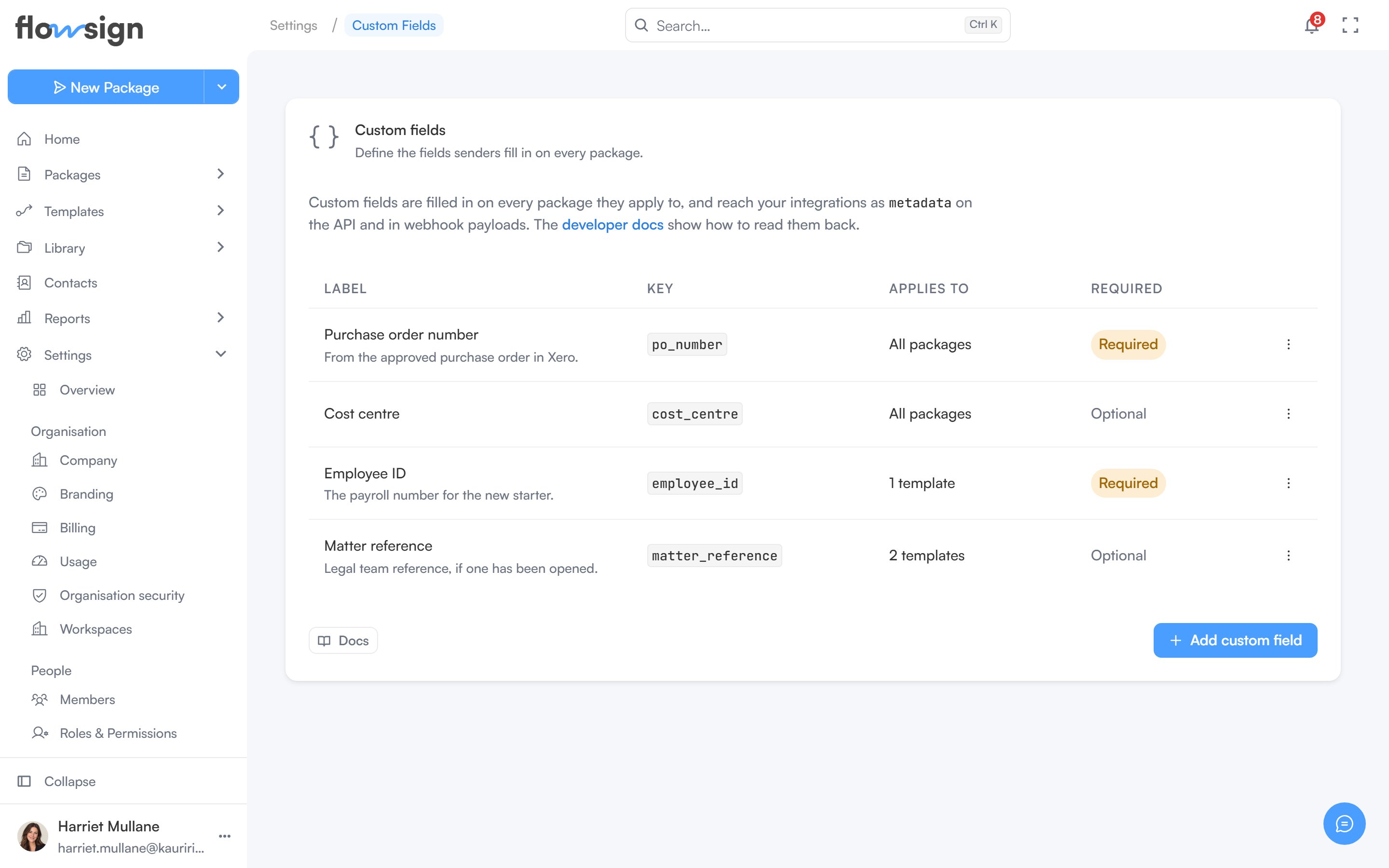 The custom fields settings page with an empty table