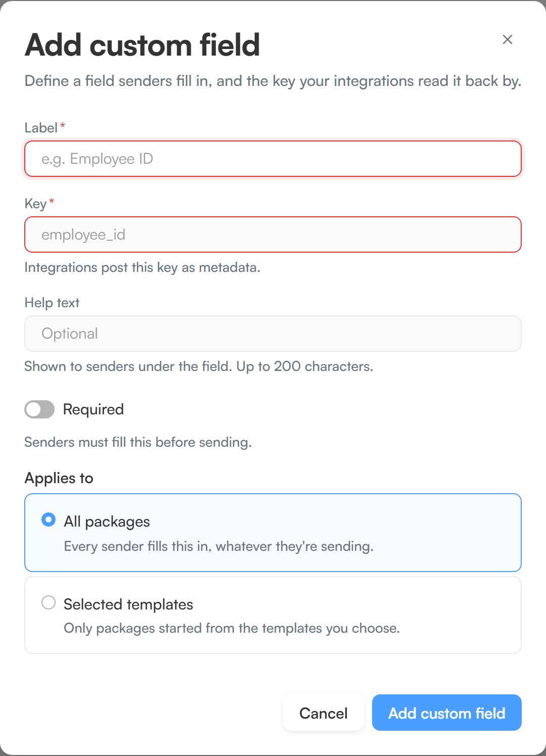 The add custom field dialog with Label, Key, Help text, Required and Applies to fields