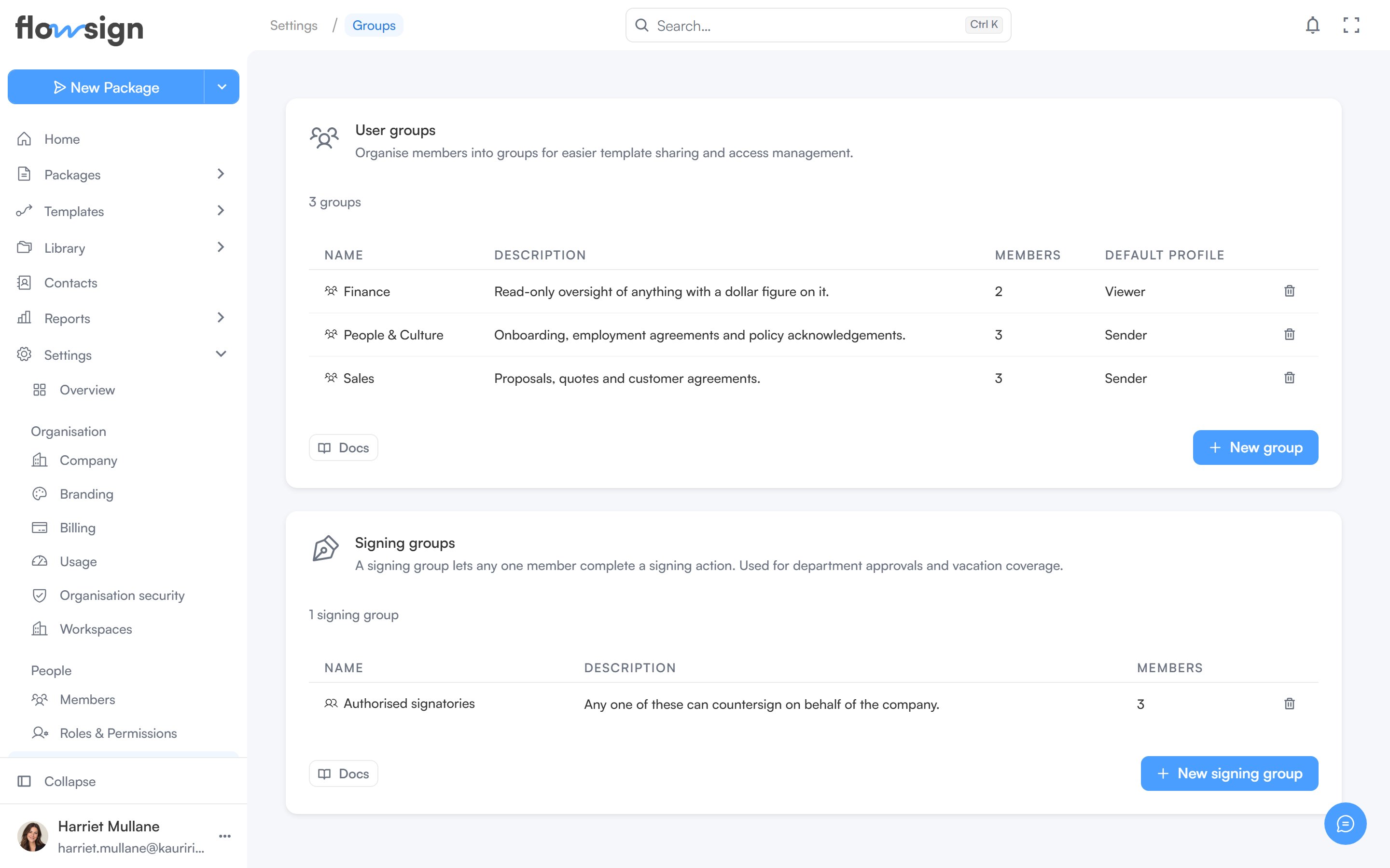 The groups settings page
