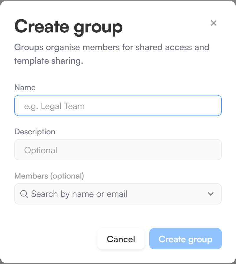 The create group dialog