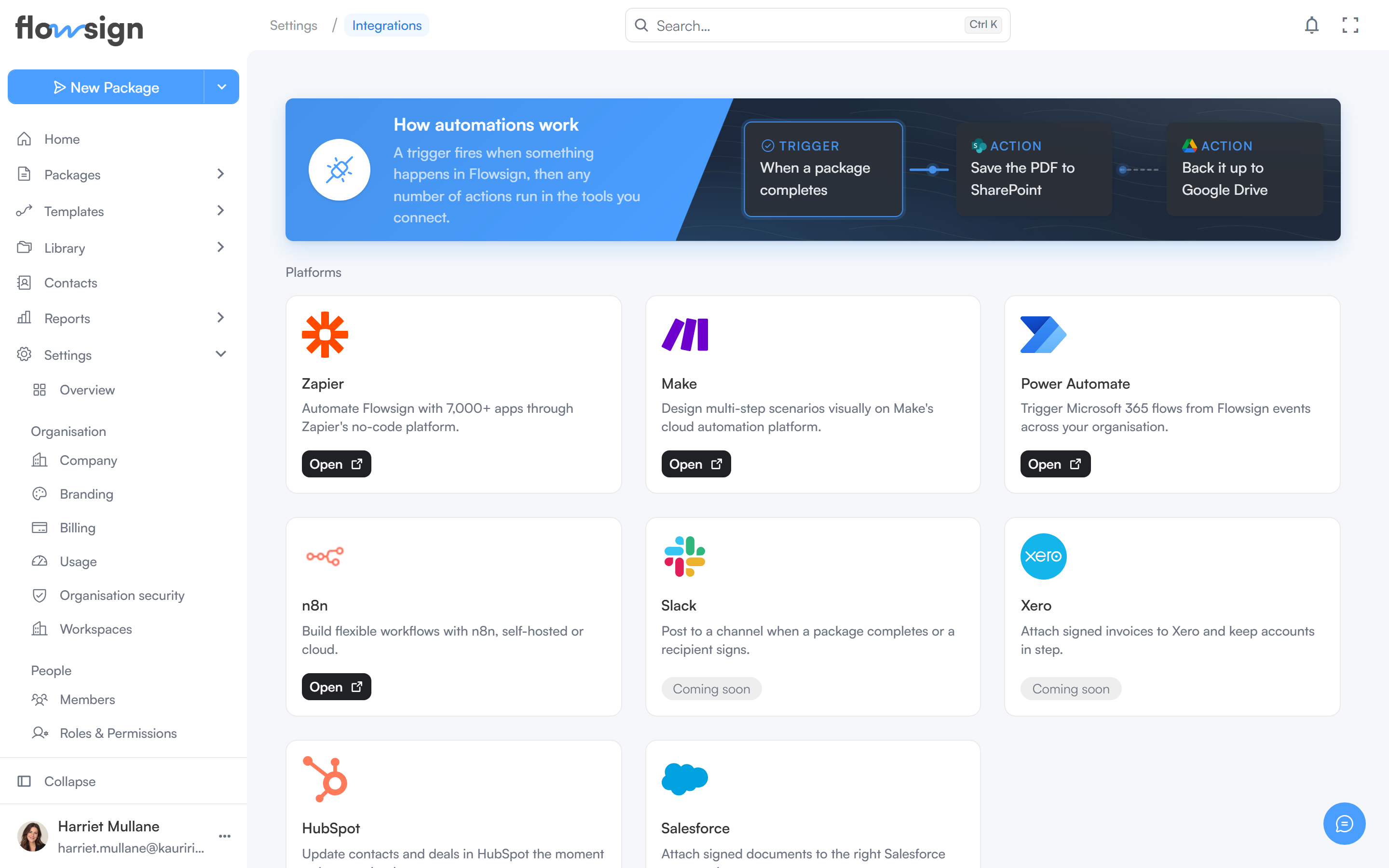 The integrations settings page listing available connectors