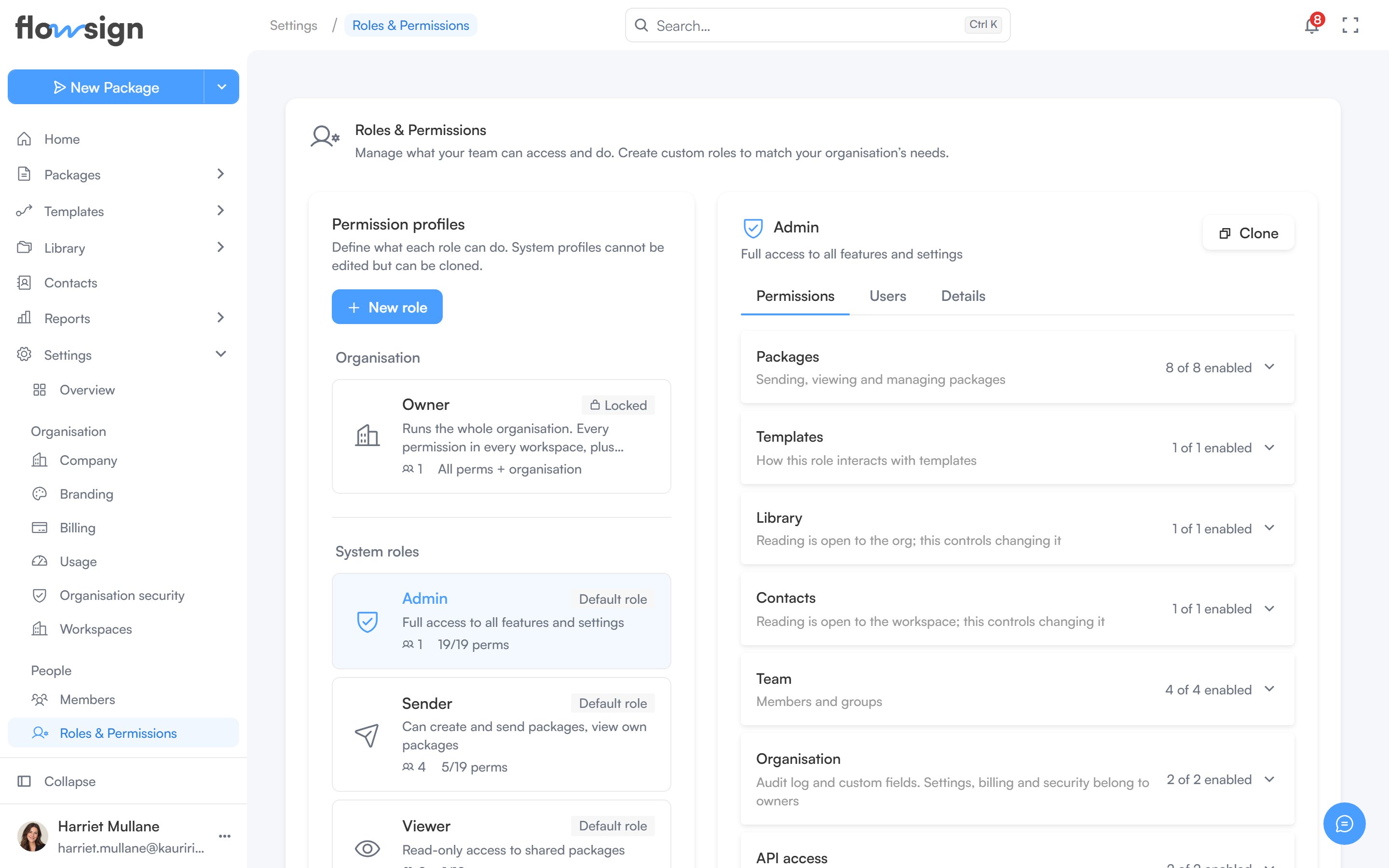 The roles and permissions settings page