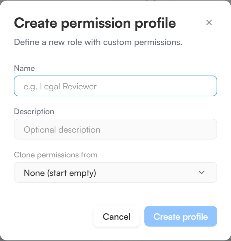 The create permission profile dialog with name, description and clone-from fields