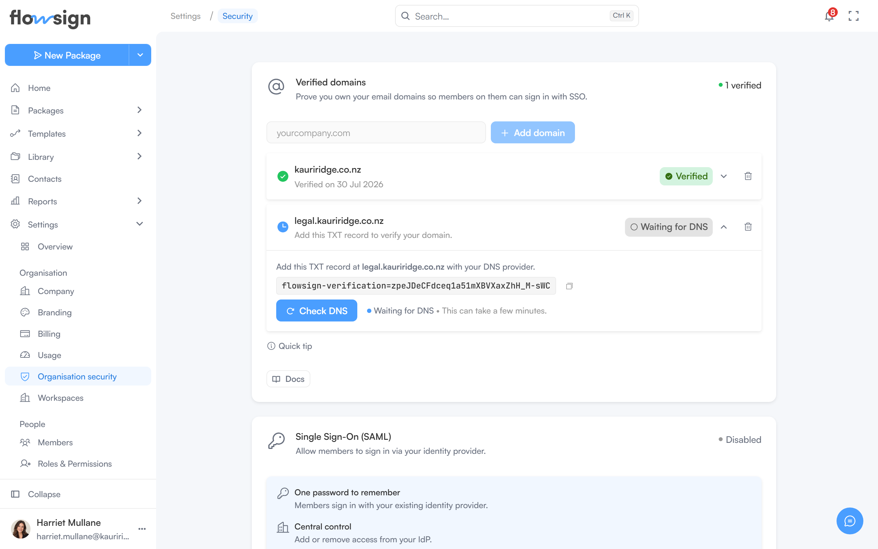 The organisation security settings page showing verified domains, single sign-on, session timeout and the IP allowlist