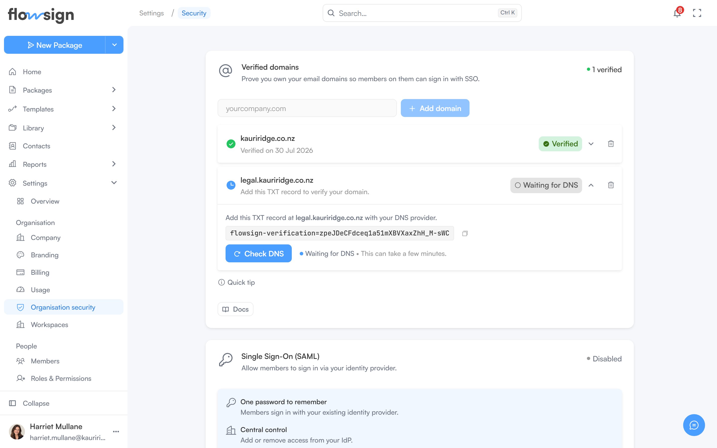 The organisation security settings page showing verified domains, single sign-on, session timeout and the IP allowlist