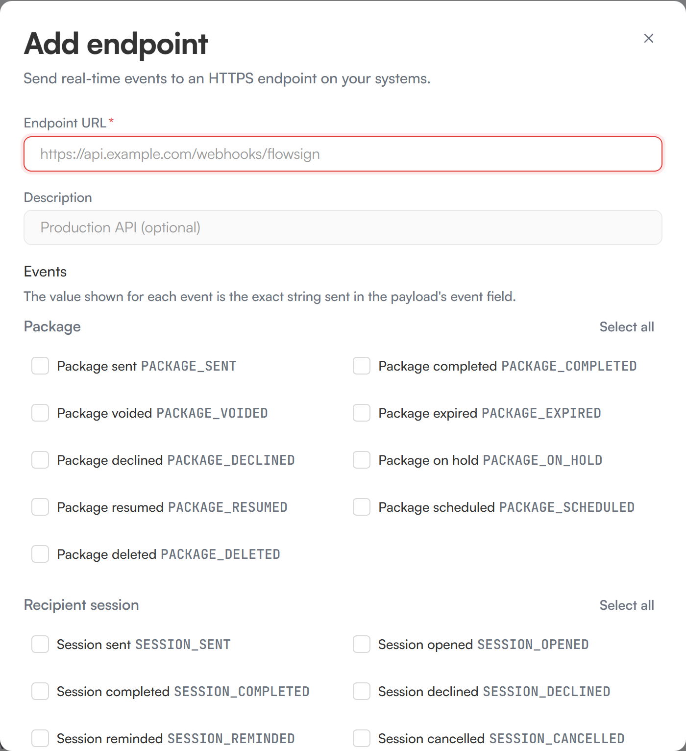 The add endpoint dialog with Endpoint URL, Description and Events fields