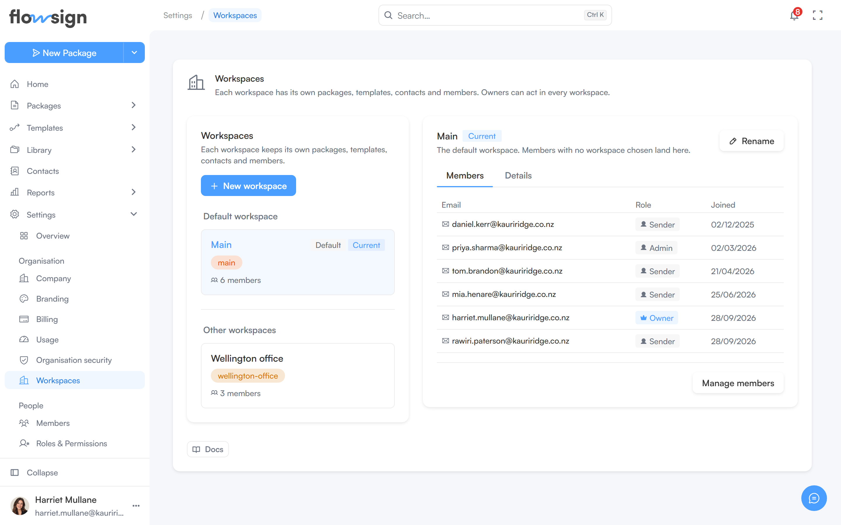 The workspaces settings page