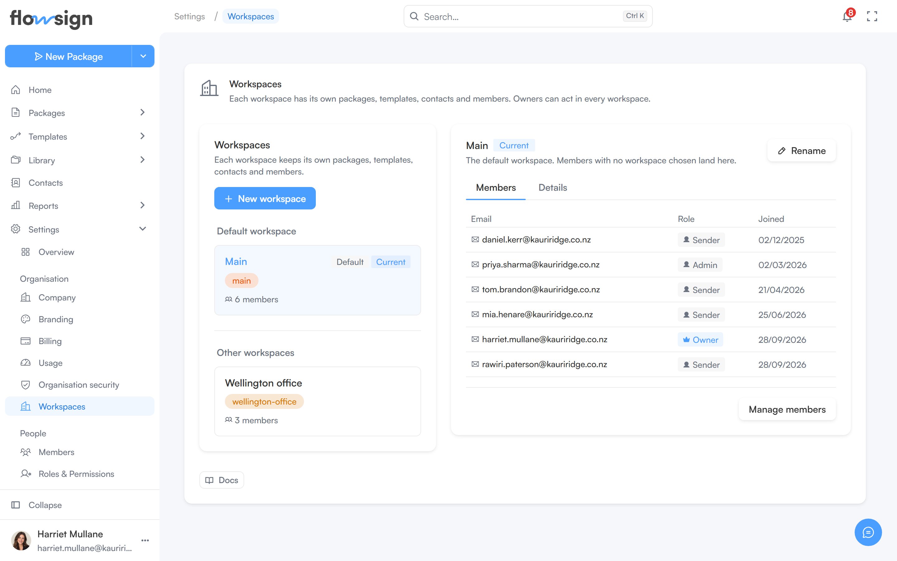 The workspaces settings page