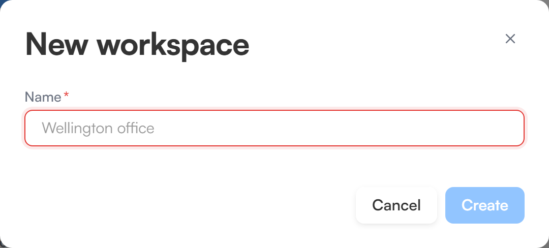 The new workspace dialog with a Name field, Cancel and Create buttons