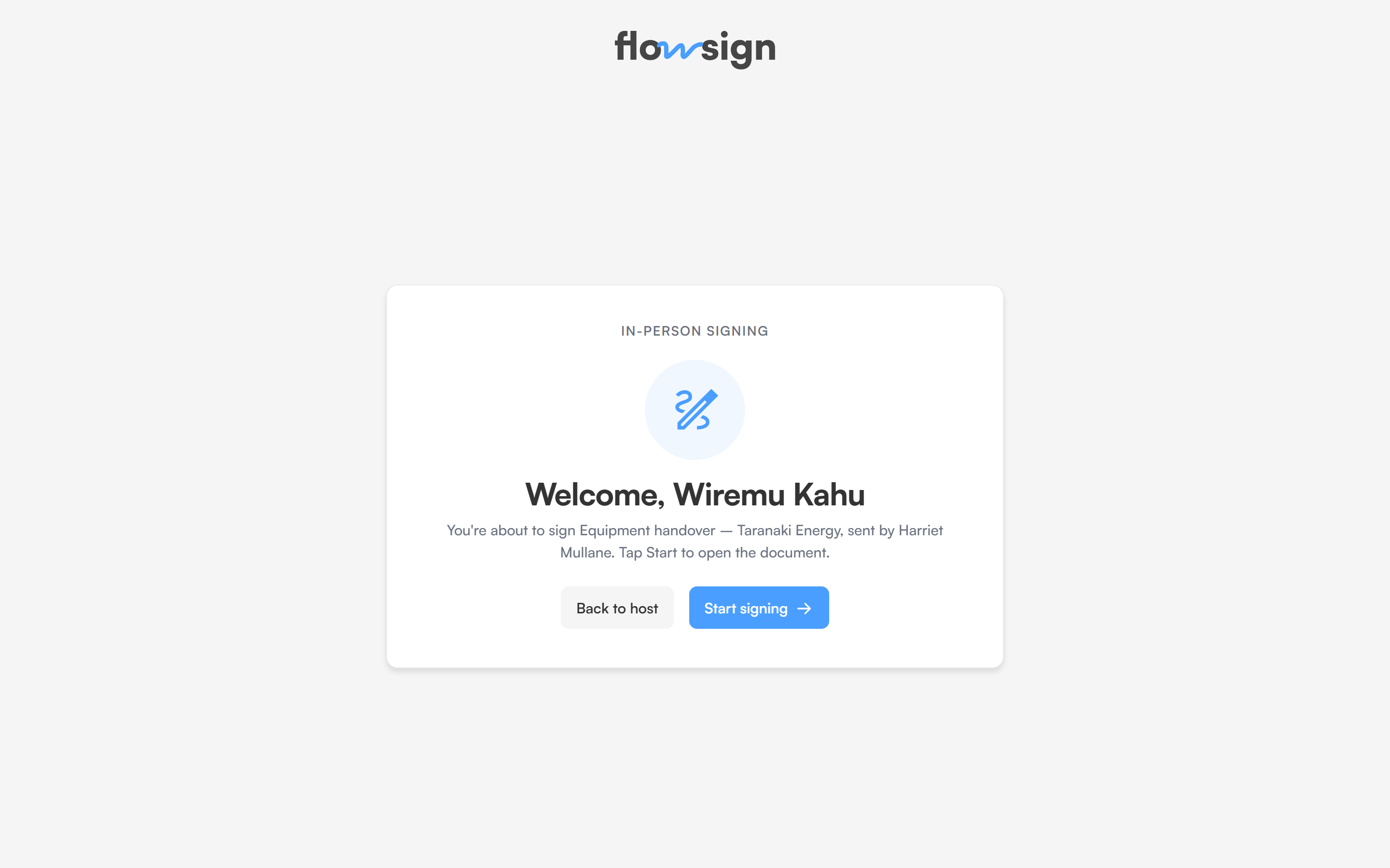 The in-person welcome screen greeting the recipient by name, with Back to host and Start signing buttons