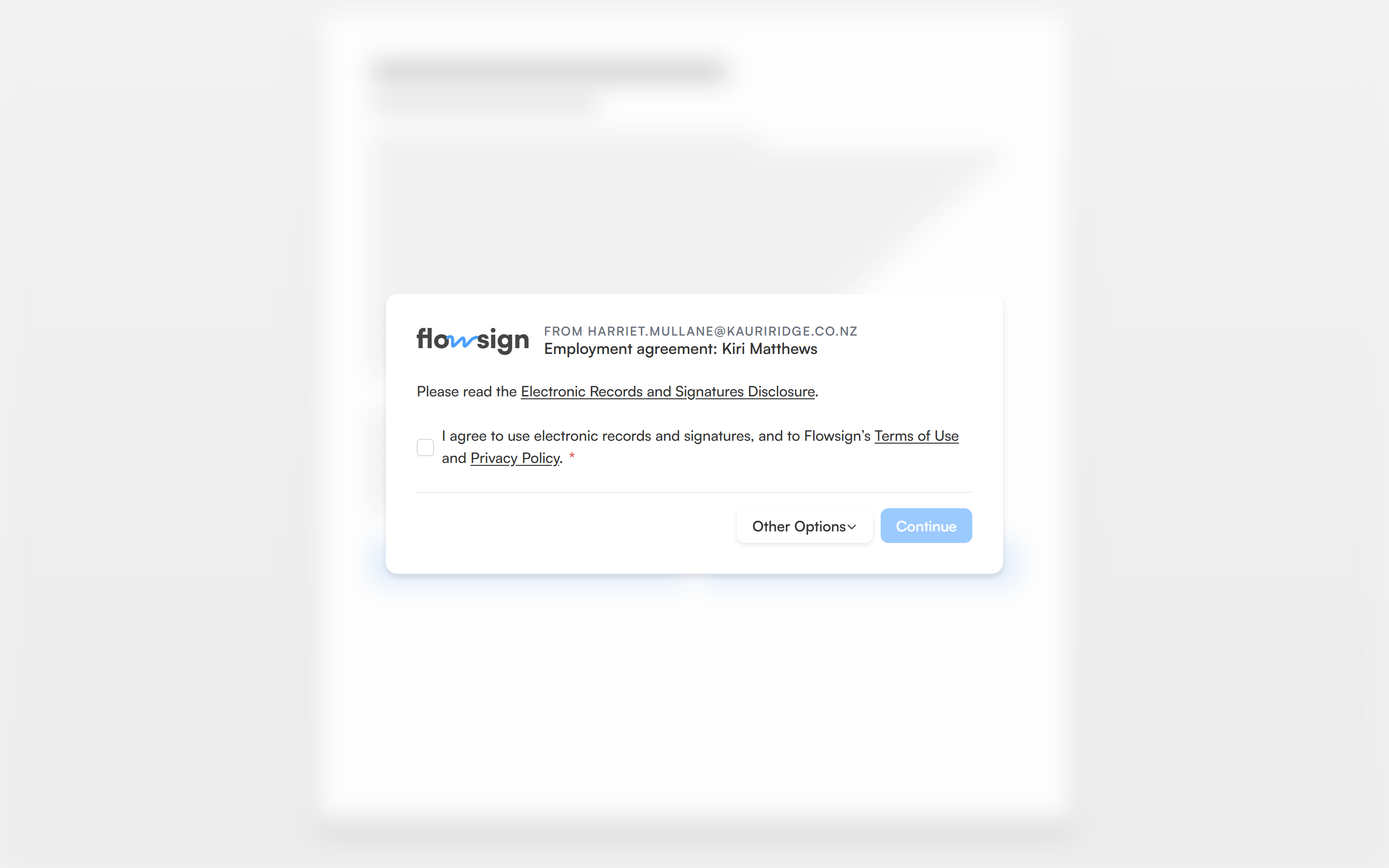 The signing link's consent gate, asking the recipient to agree to sign electronically