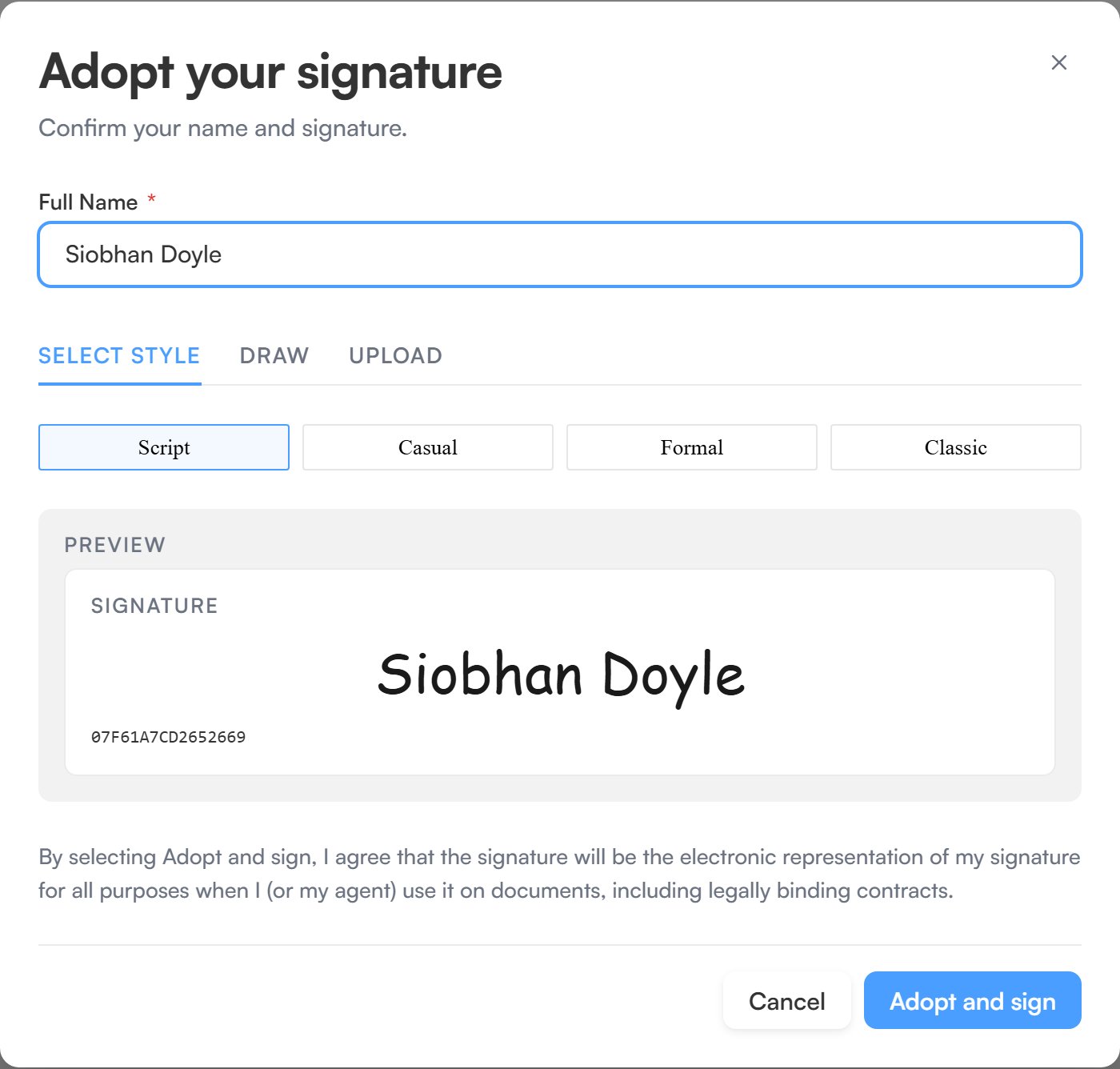 The Adopt your signature dialog with the full name filled in, the Select style, Draw and Upload tabs, a preview of the signature and an Adopt and sign button