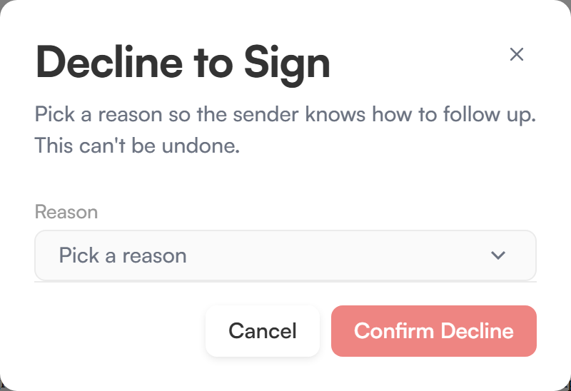 The Decline to Sign dialog with a reason picker, an optional note and a Confirm Decline button