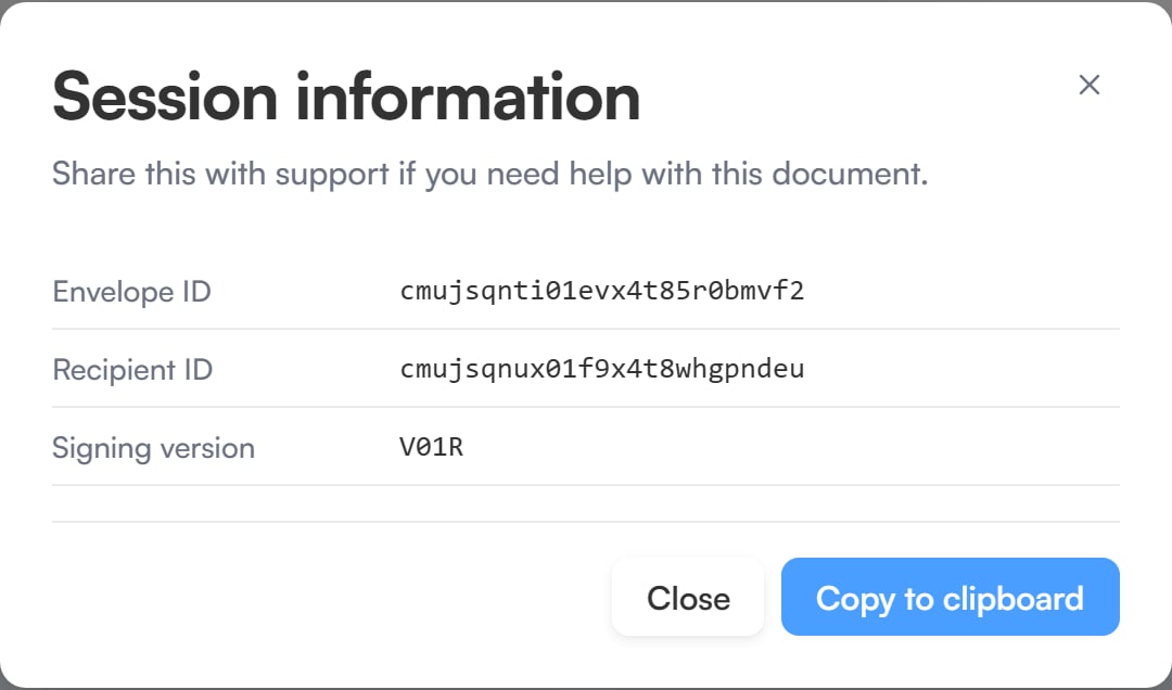 The Session information dialog showing the envelope ID, recipient ID and signing version, with Close and Copy to clipboard buttons