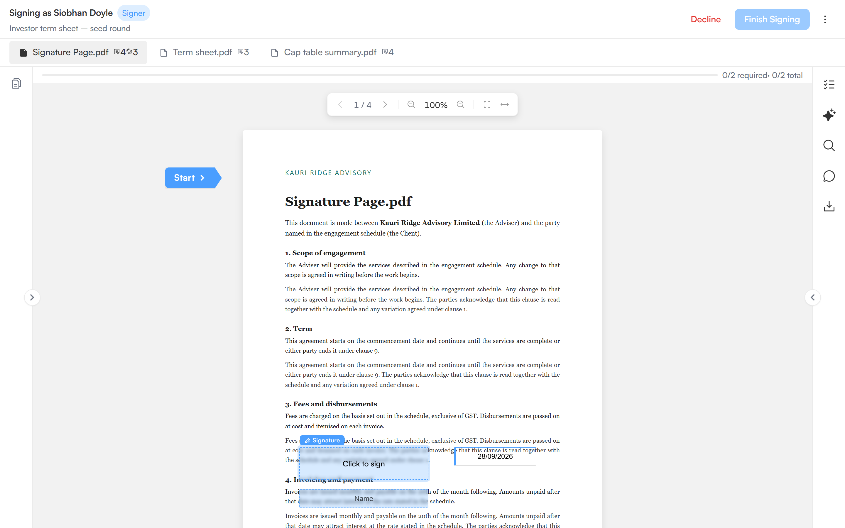The signing screen showing document tabs, the required-field count, a signature field reading Click to sign and a date field, with Decline and Finish Signing in the header