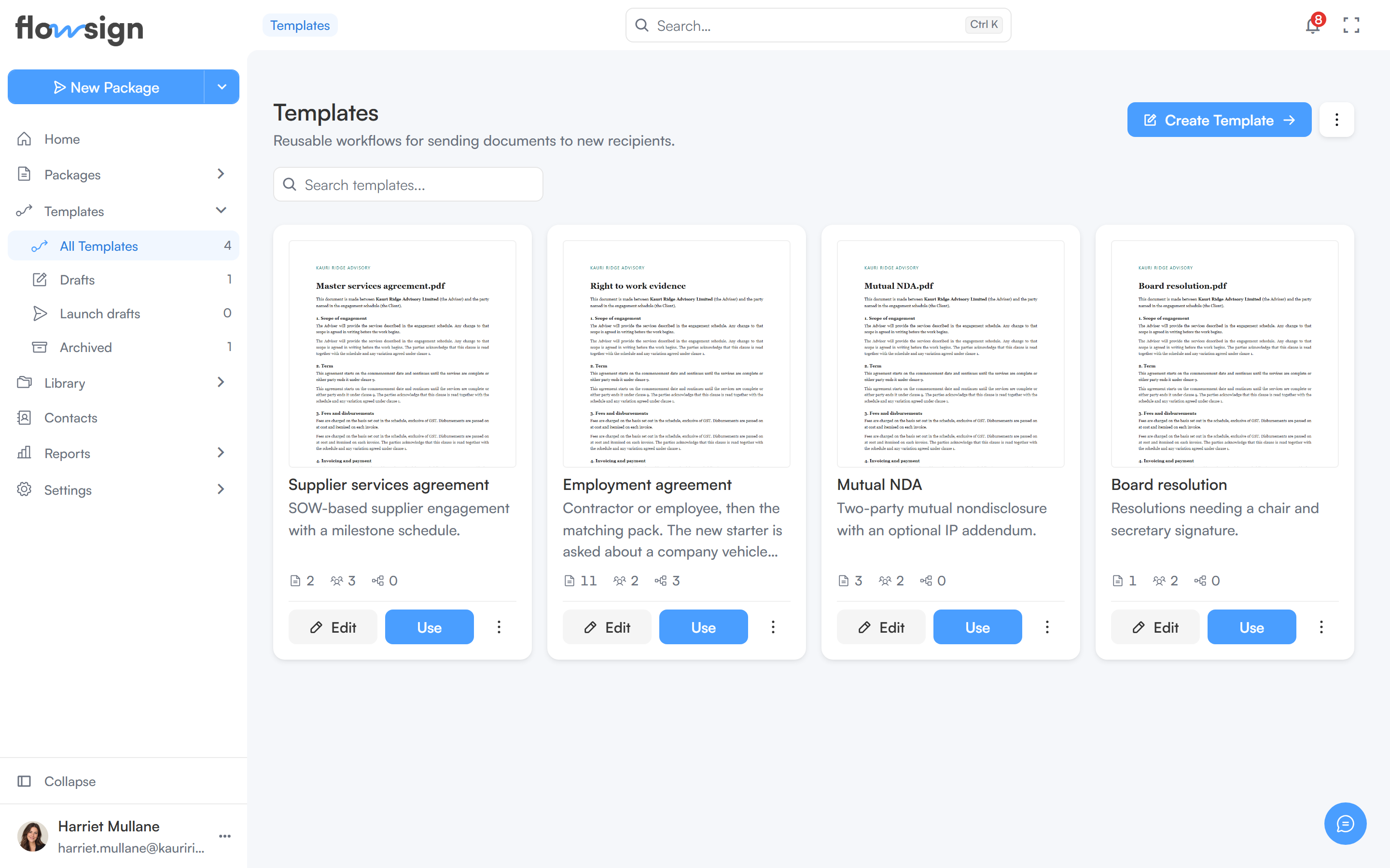 The templates list showing template names, status and access