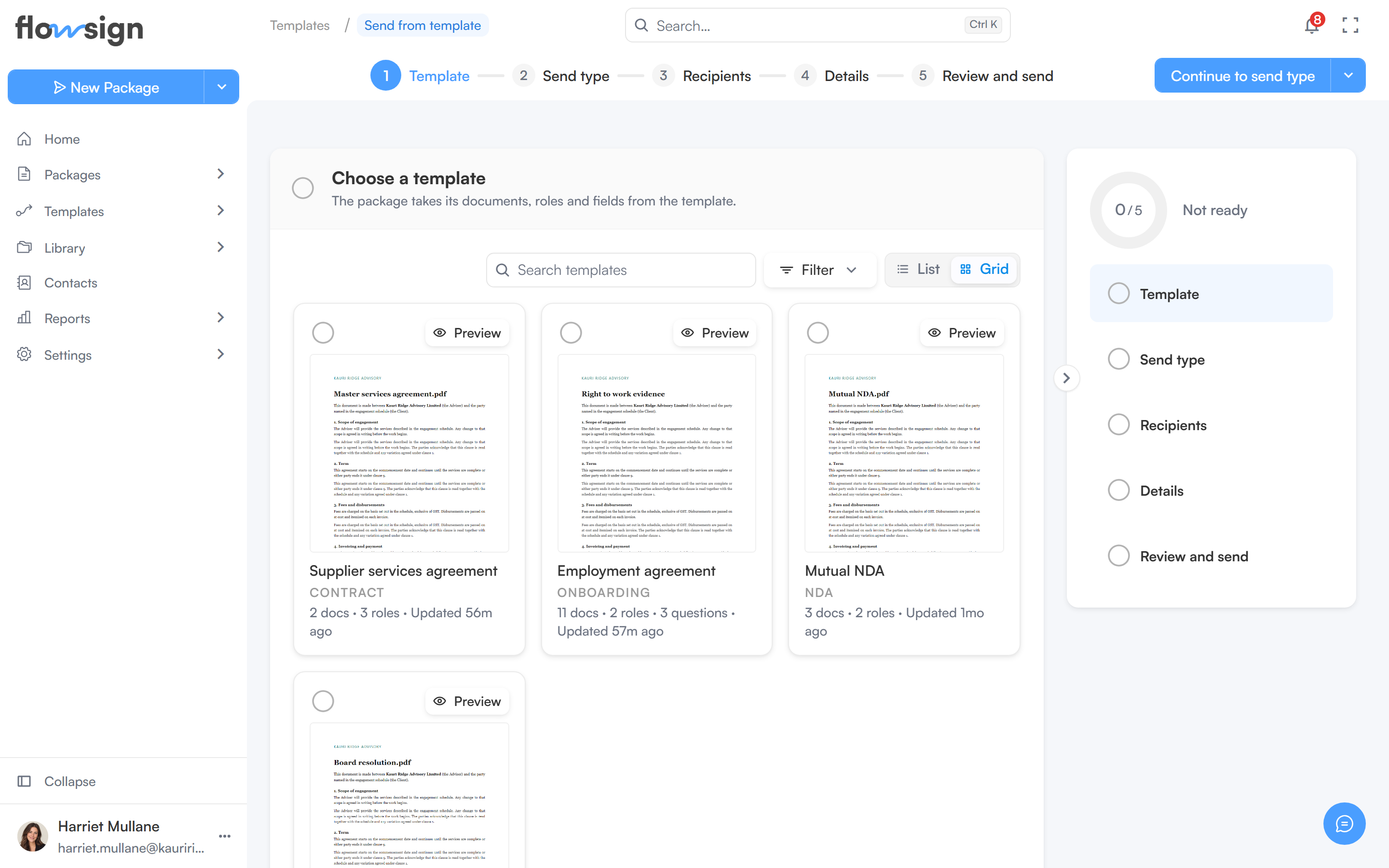 The Send from template page with its steps in the top bar and a list of templates to choose from