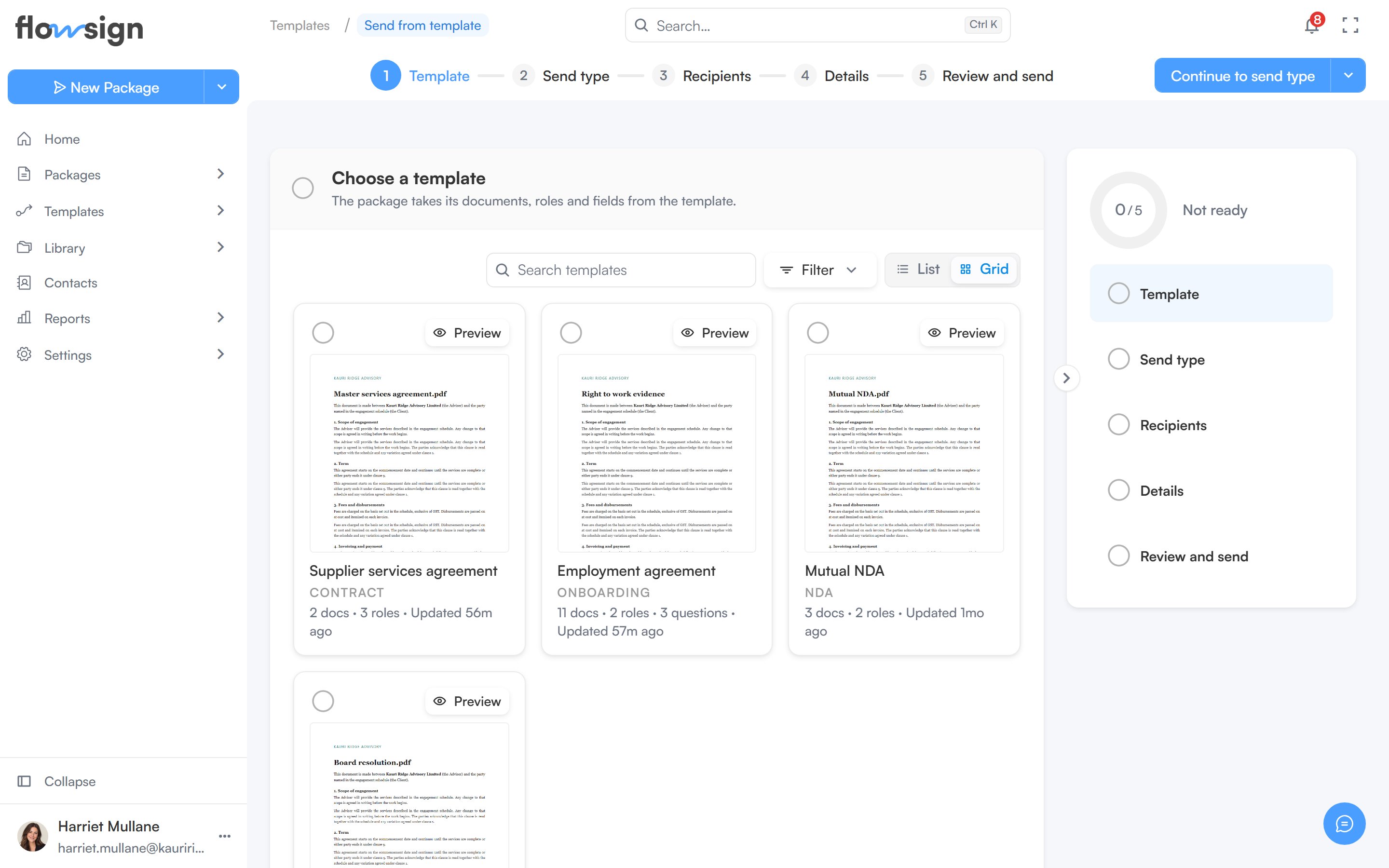 The Send from template page with its steps in the top bar and a list of templates to choose from