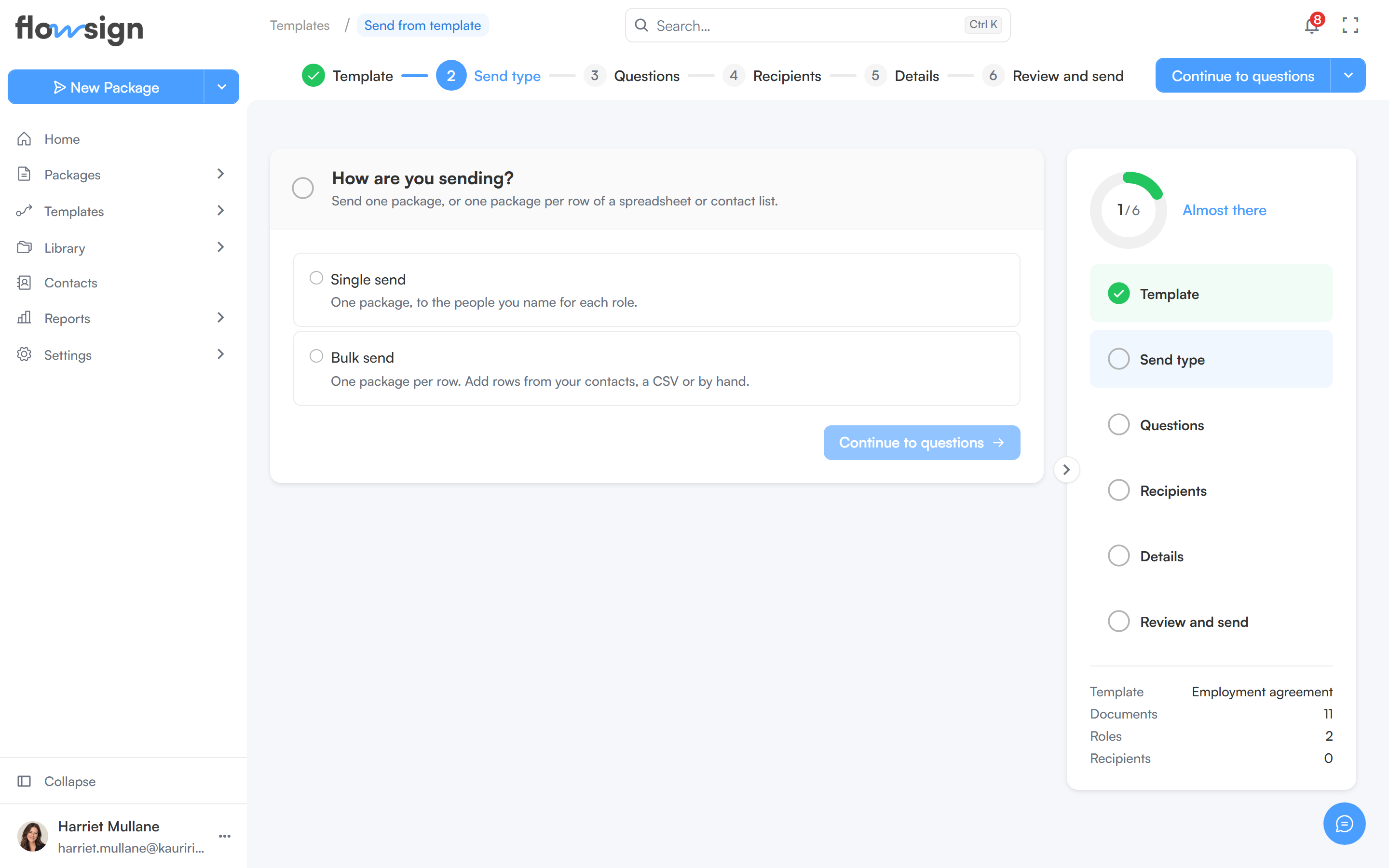 The Send type step with Single send and Bulk send options and the step summary on the right