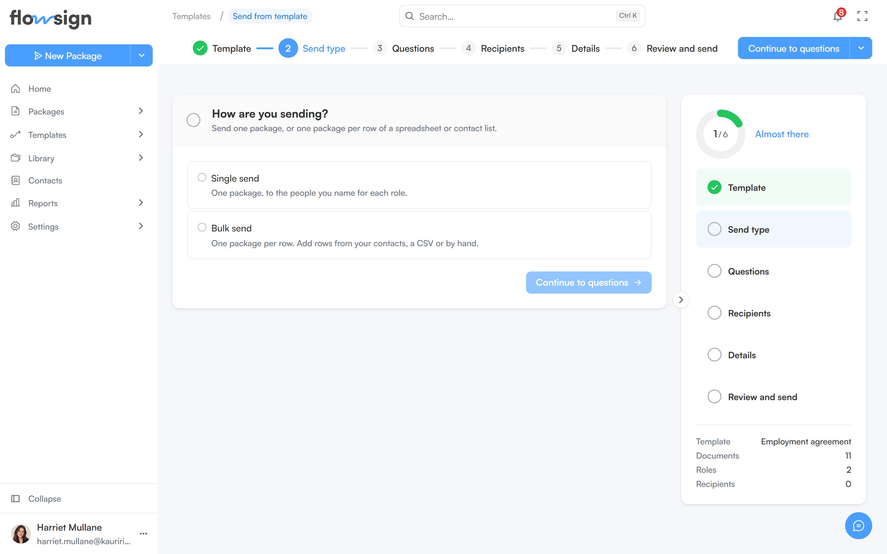 The Send type step with Single send and Bulk send options and the step summary on the right