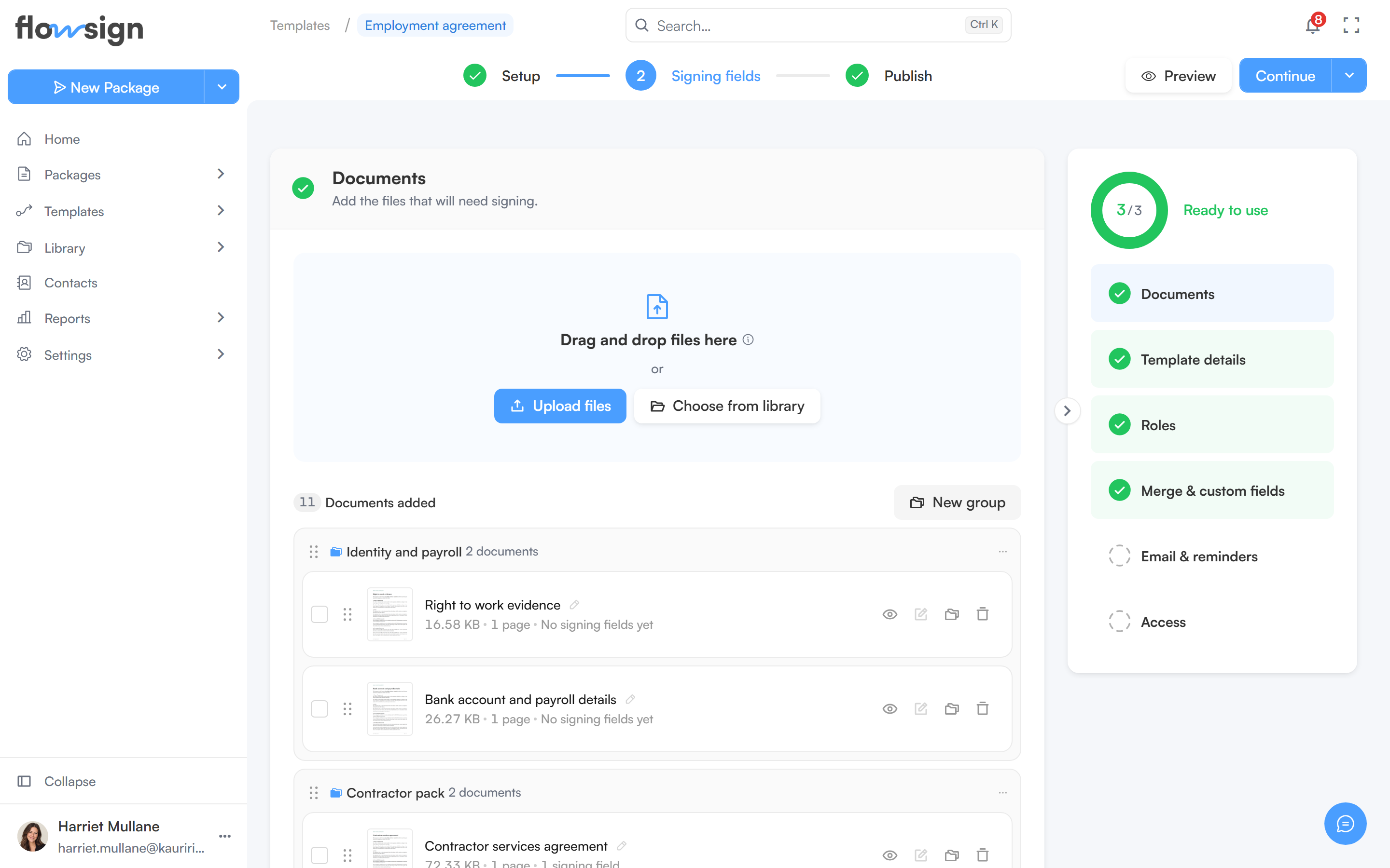 The template builder showing signing roles and attached documents