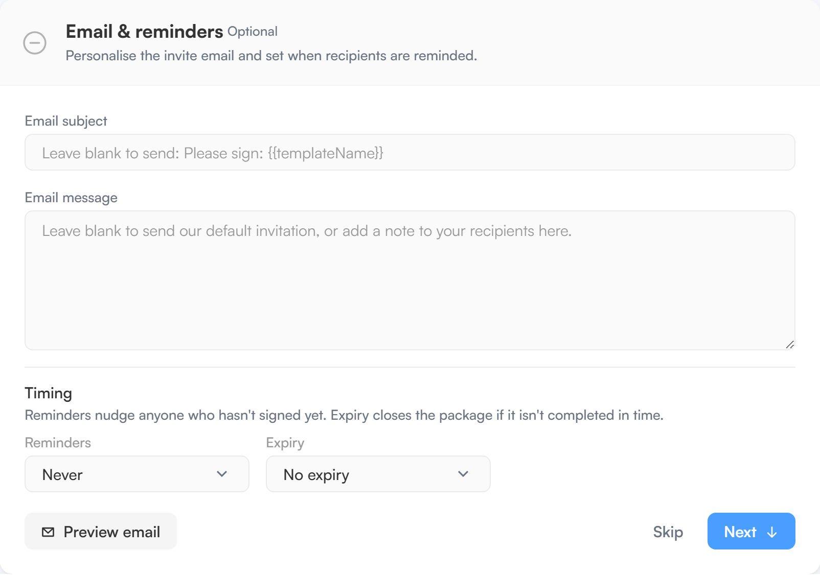 The Email & reminders section with email subject, message, reminders and expiry settings