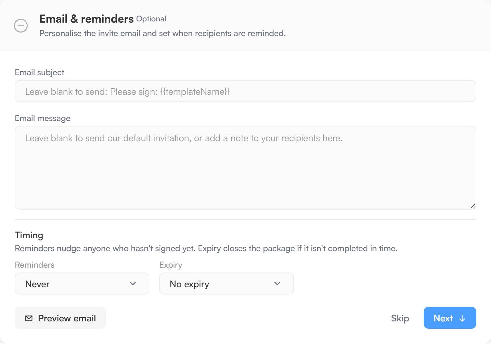 The Email & reminders section with email subject, message, reminders and expiry settings