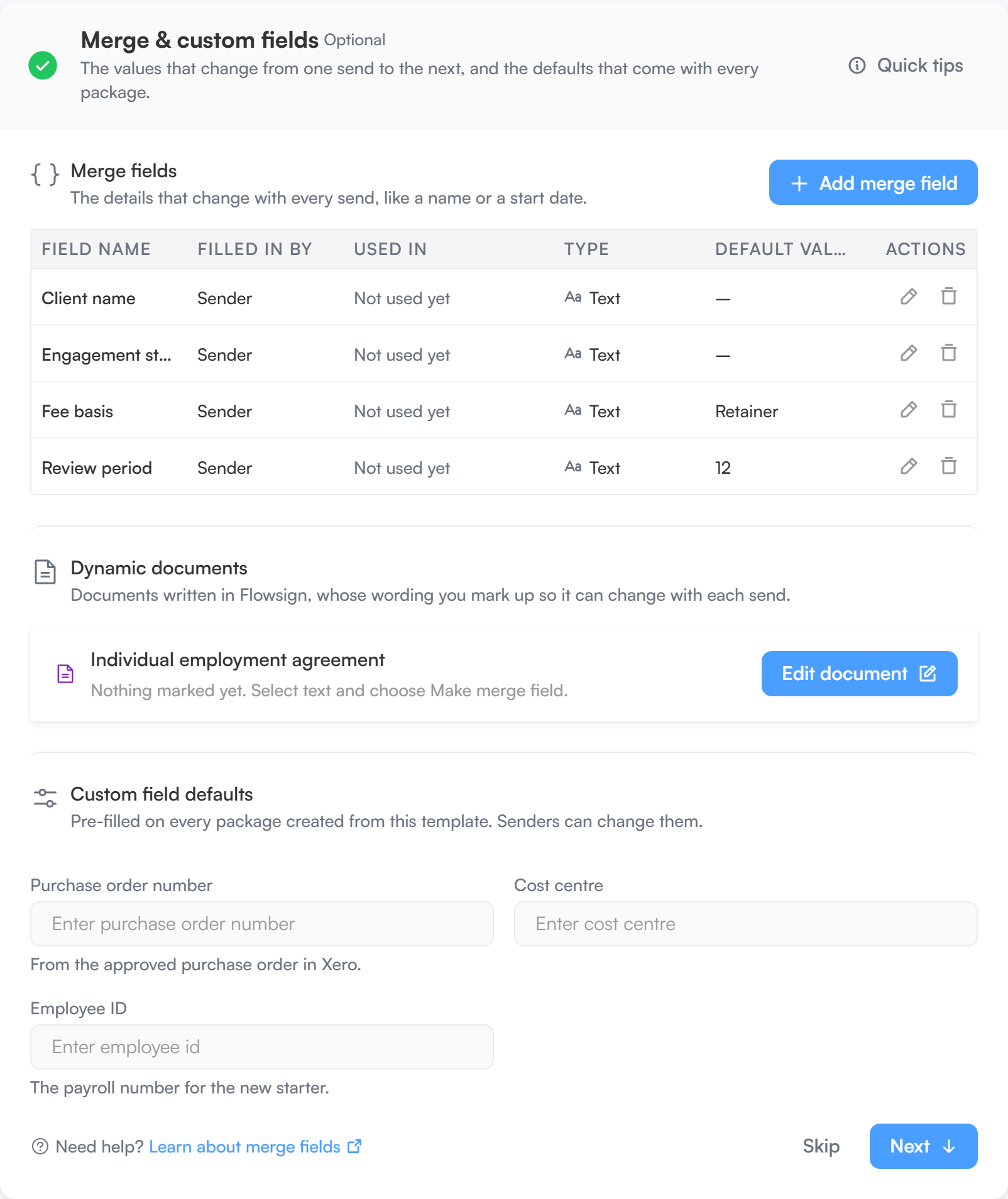 The Merge & custom fields section of the template builder listing the template's merge fields