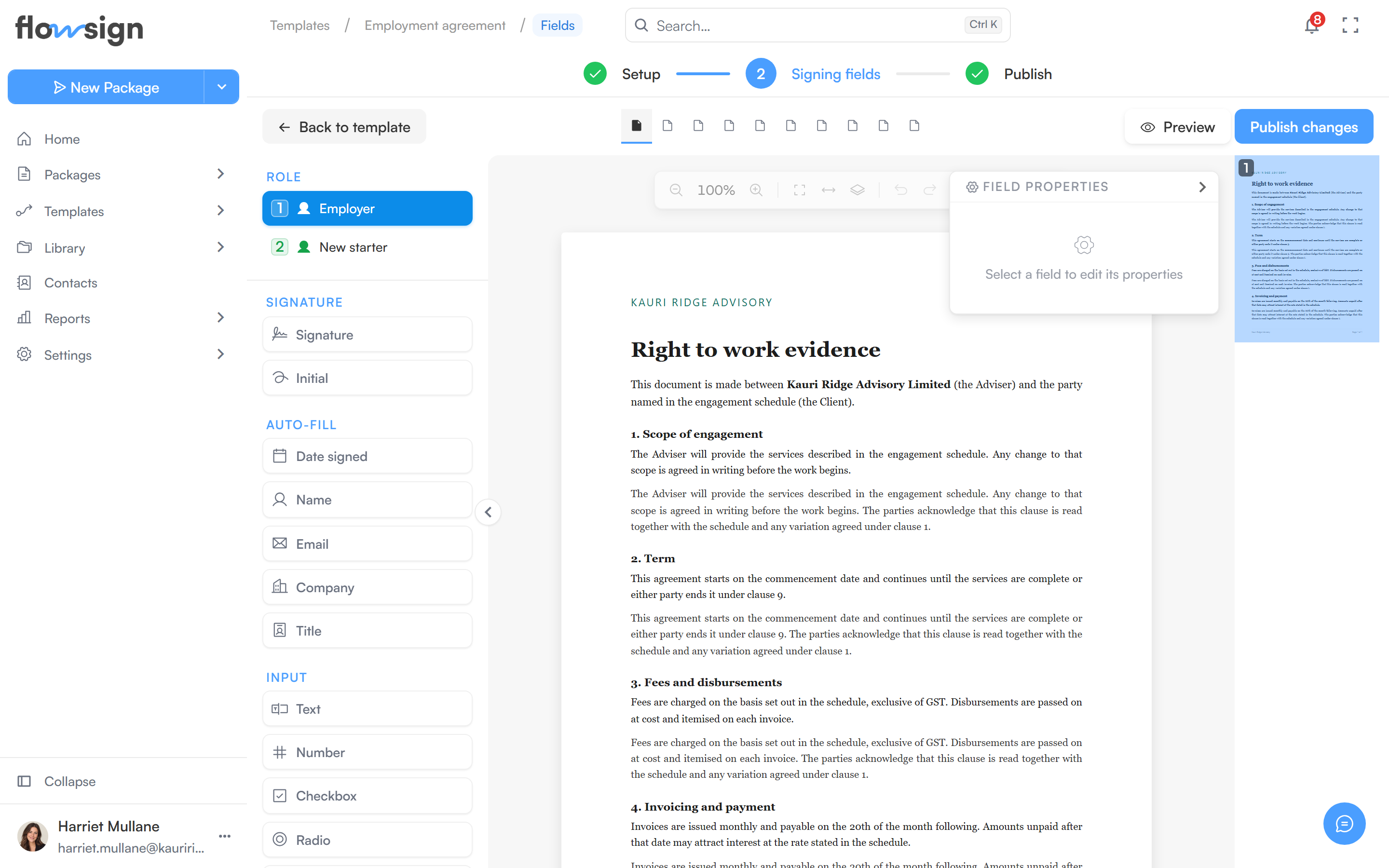The template field editor with the document canvas and field toolbar