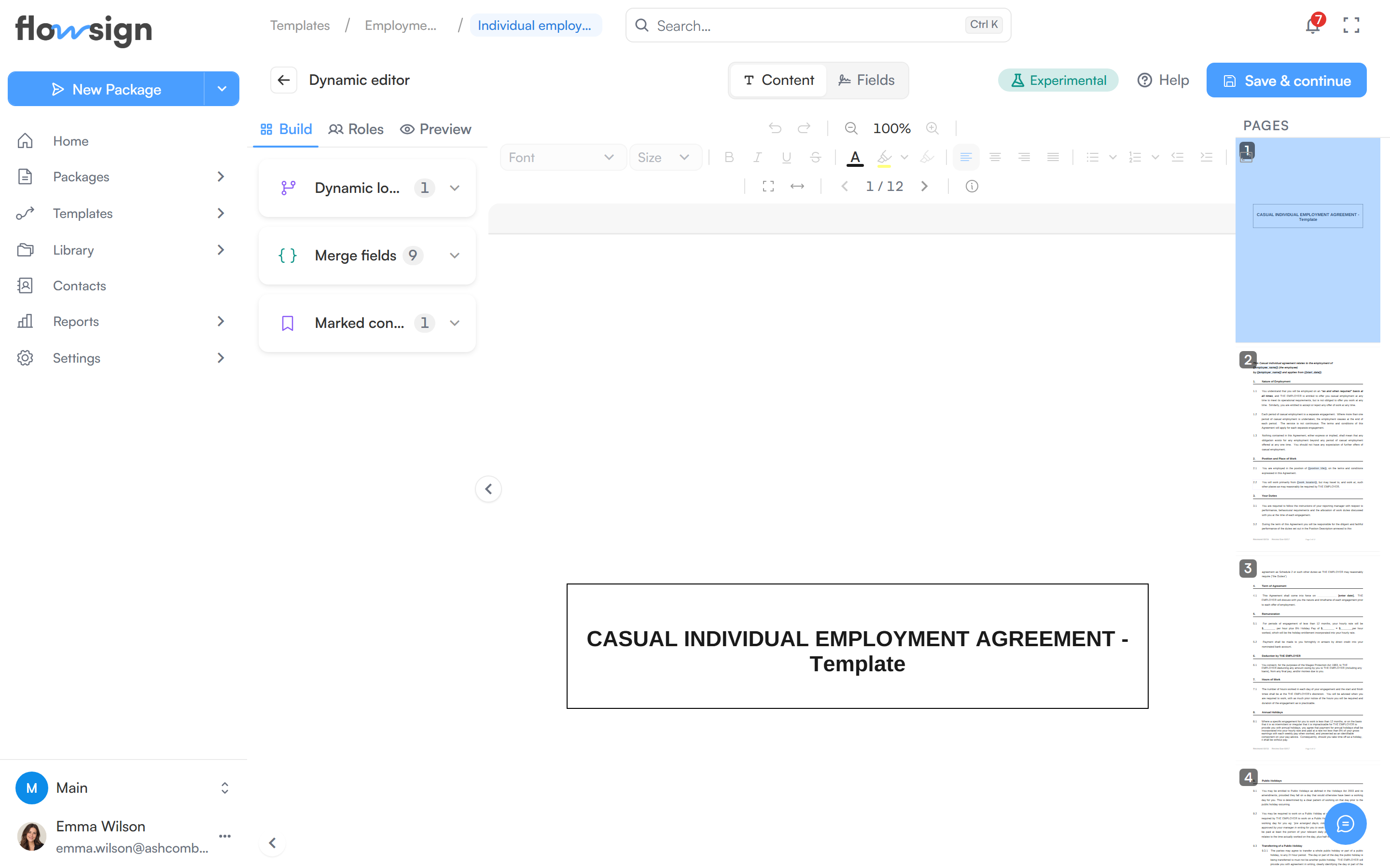 The Dynamic editor showing a Word document laid out as pages, with a formatting toolbar and a side rail