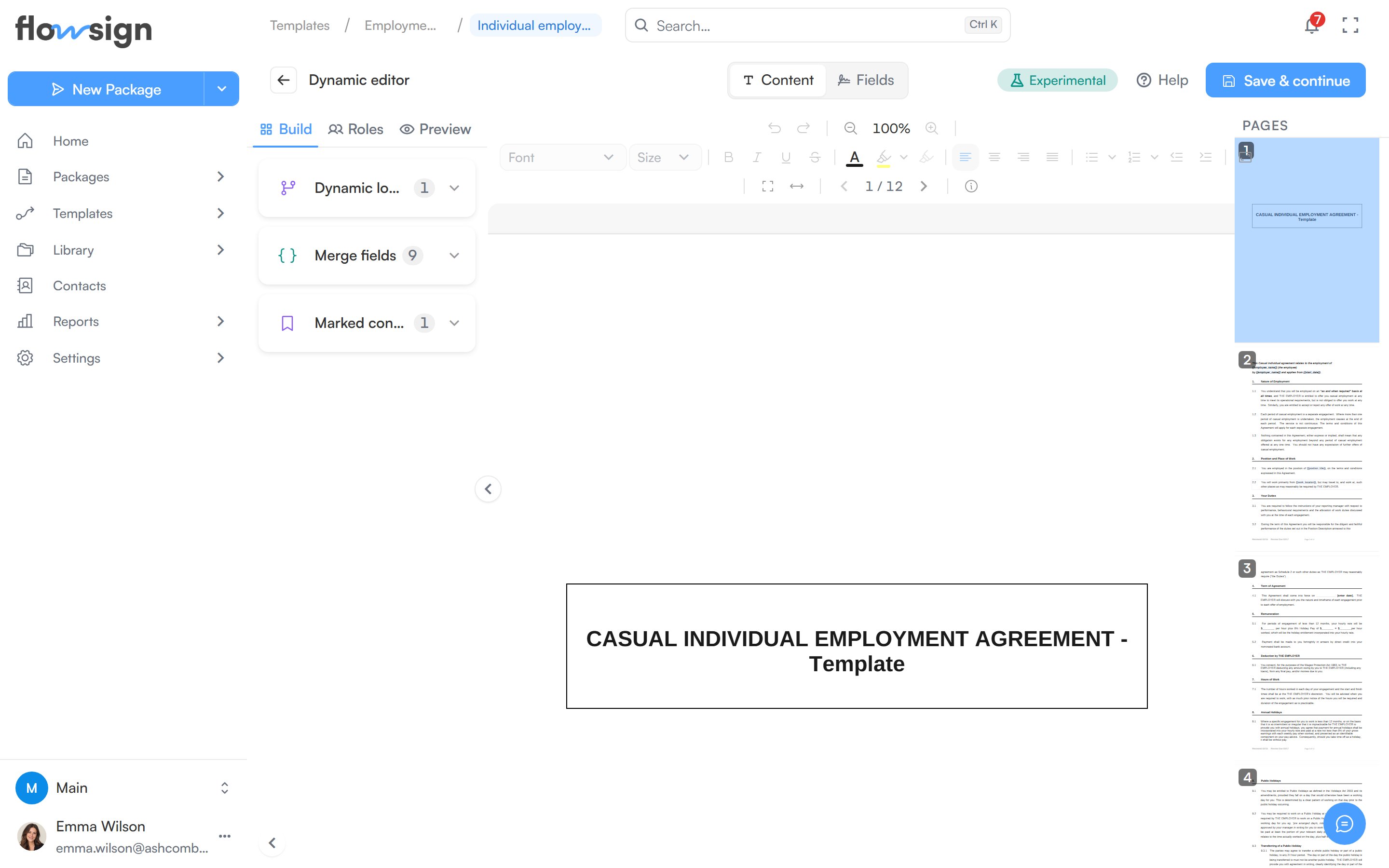 The Dynamic editor showing a Word document laid out as pages, with a formatting toolbar and a side rail