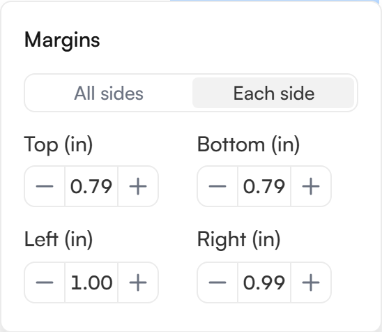 The page margins popover with All sides and Each side options