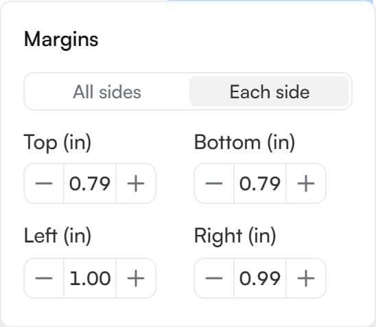 The page margins popover with All sides and Each side options