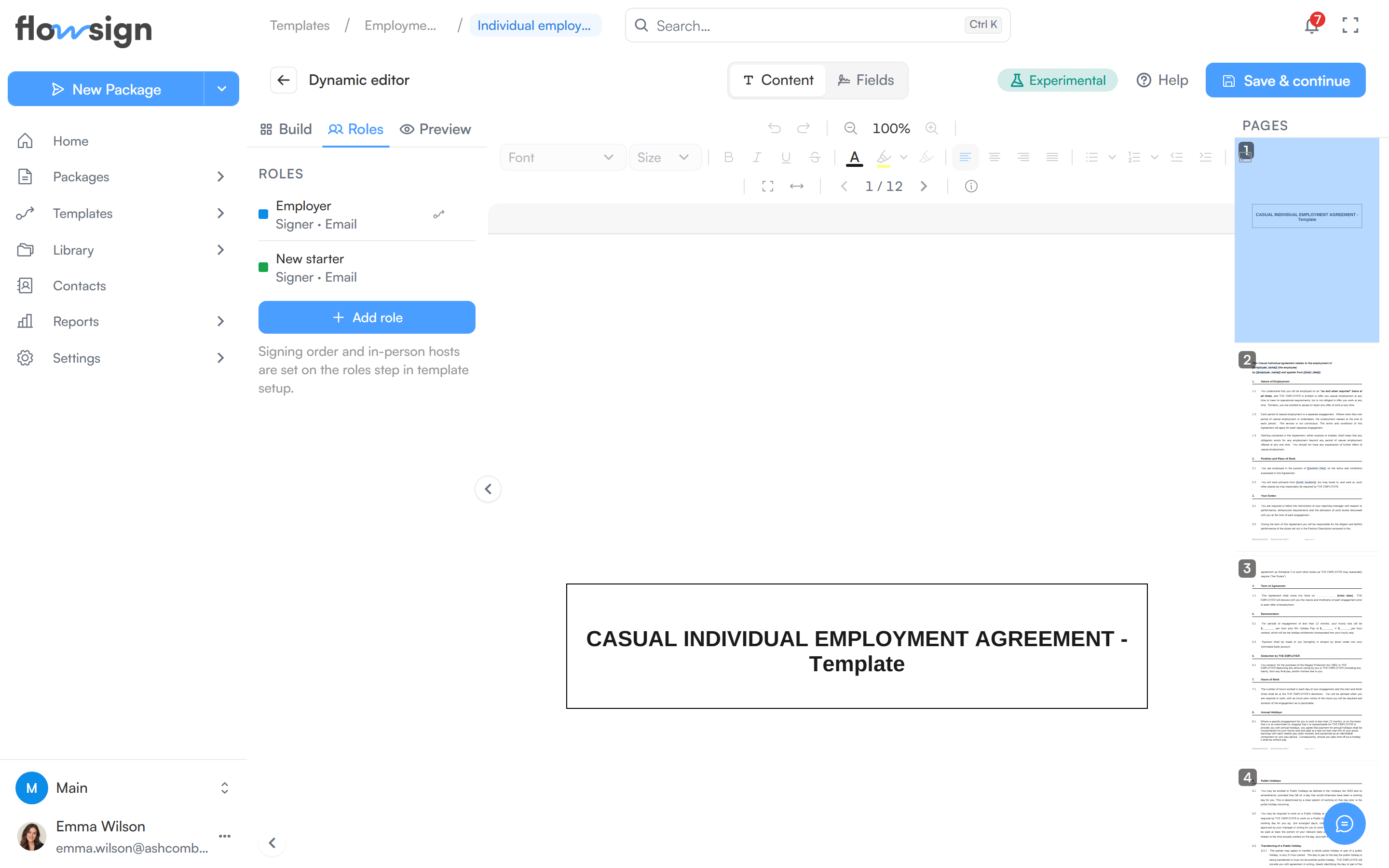 The dynamic editor with the Roles tab open, listing the template's roles