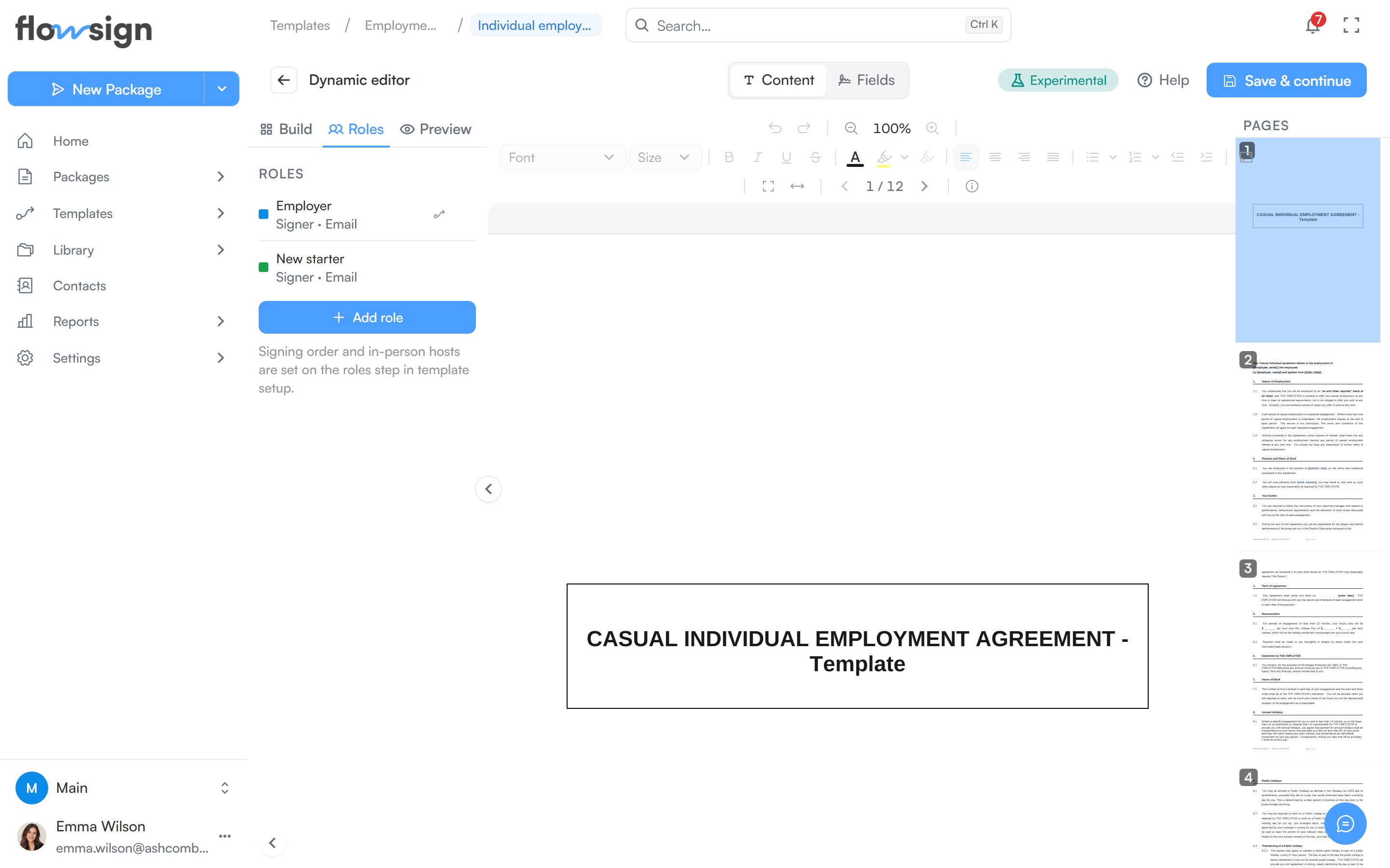 The dynamic editor with the Roles tab open, listing the template's roles