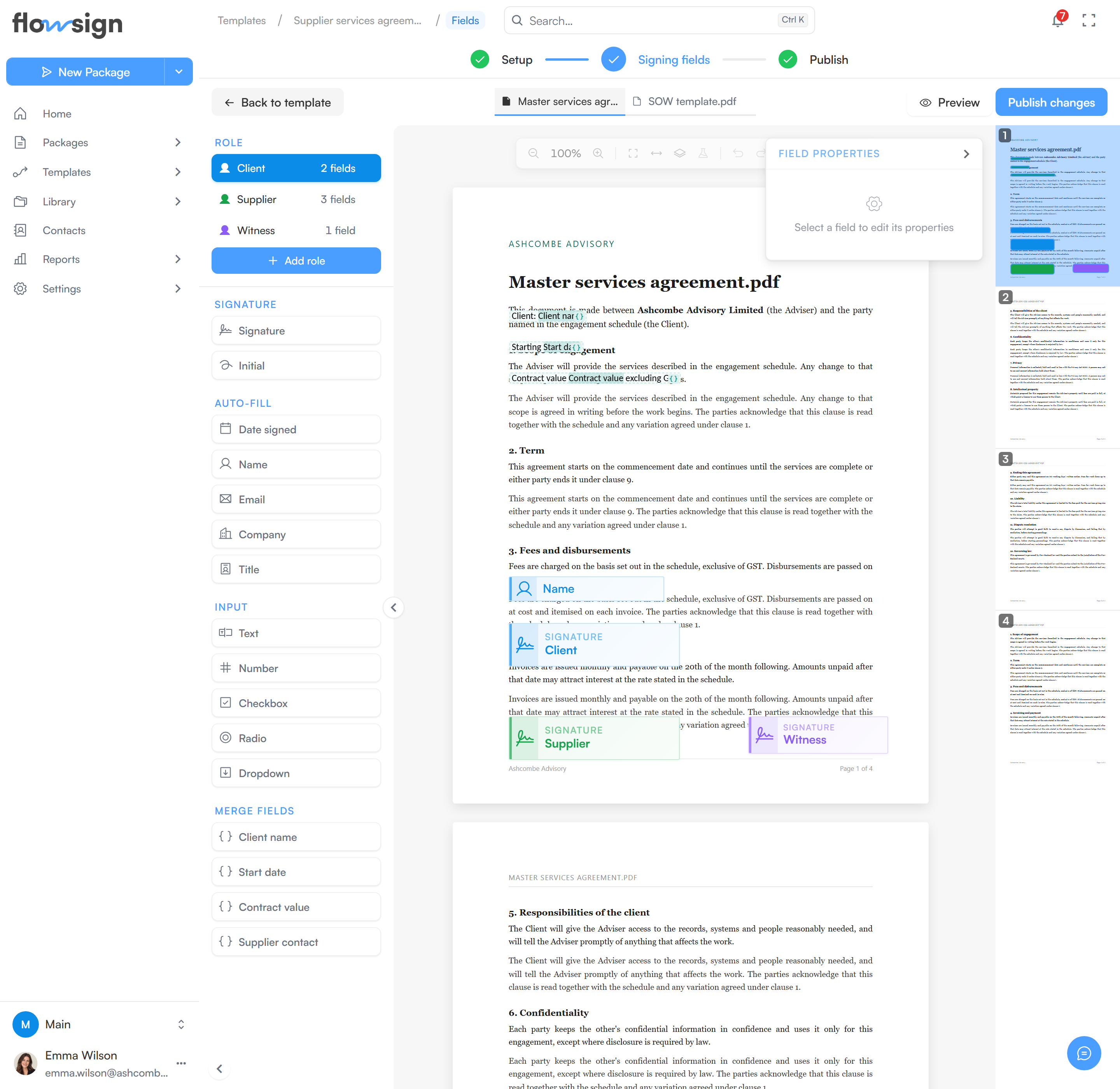 The template field editor with a Merge fields section in the palette and merge fields placed on the document