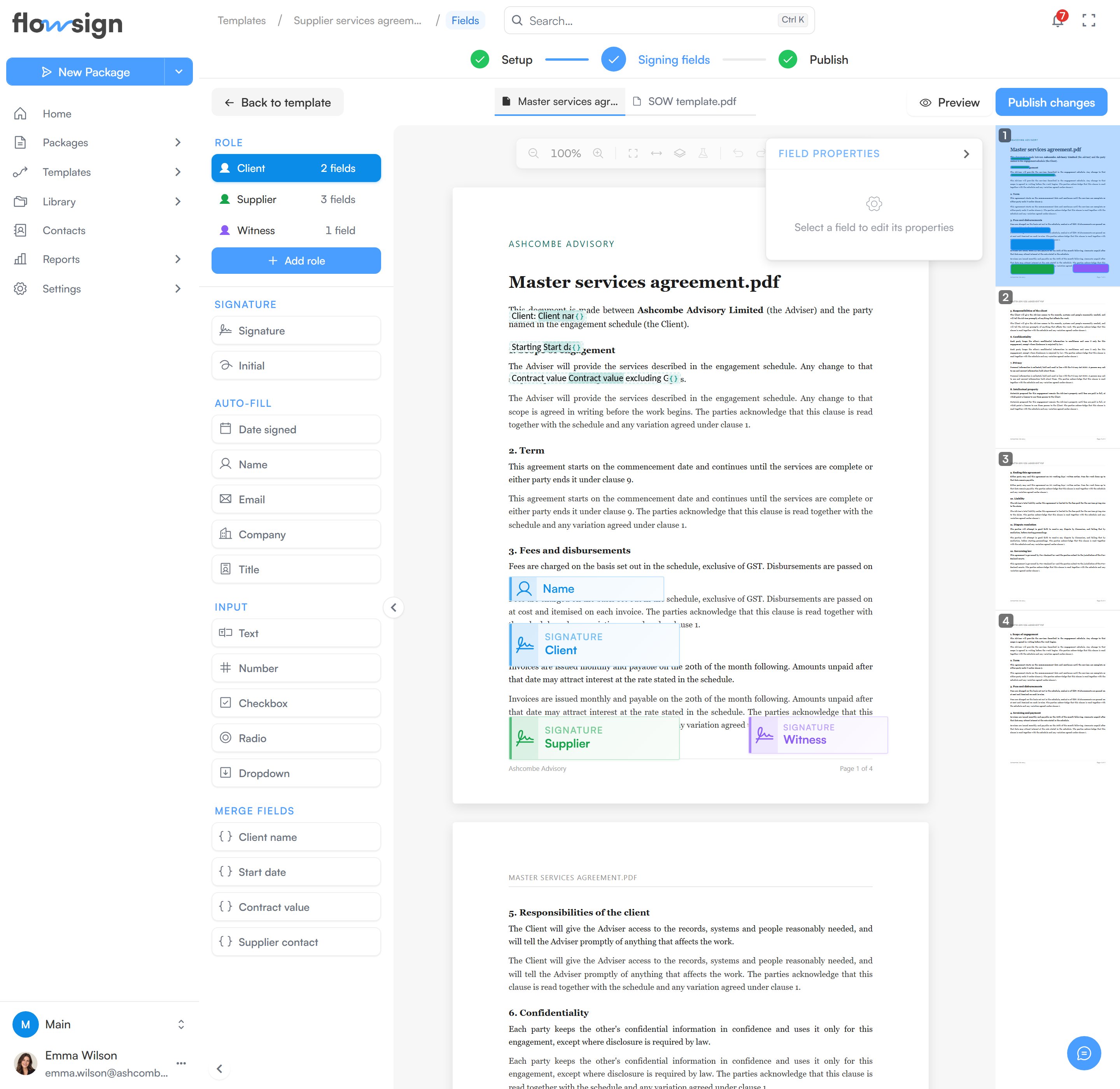The template field editor with a Merge fields section in the palette and merge fields placed on the document