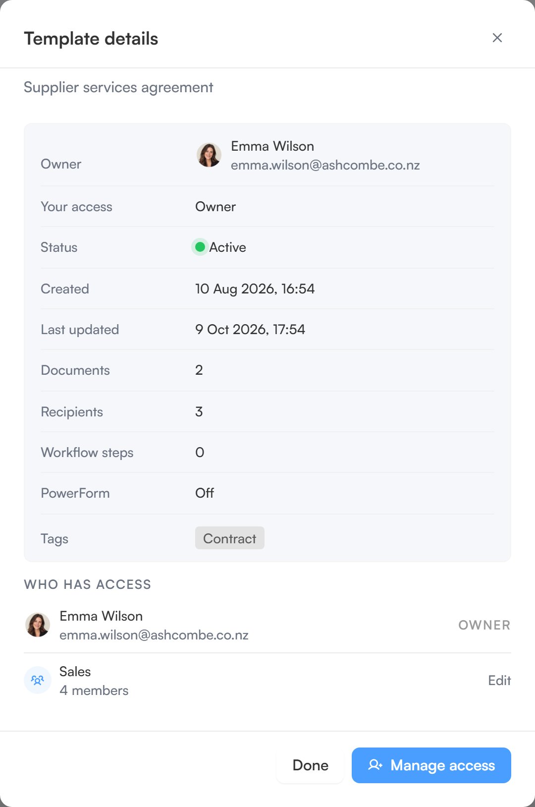 The Template details dialog showing owner, your access, status and the Who has access list