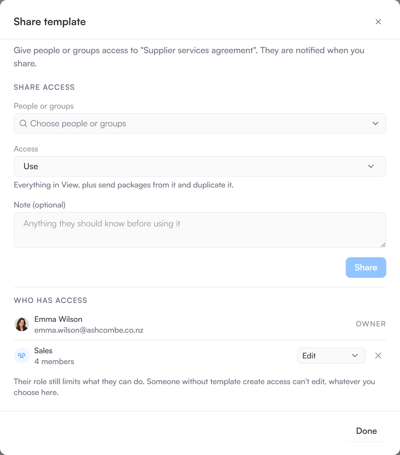 The Share template dialog with a people or groups picker, access levels, a note and the Who has access list