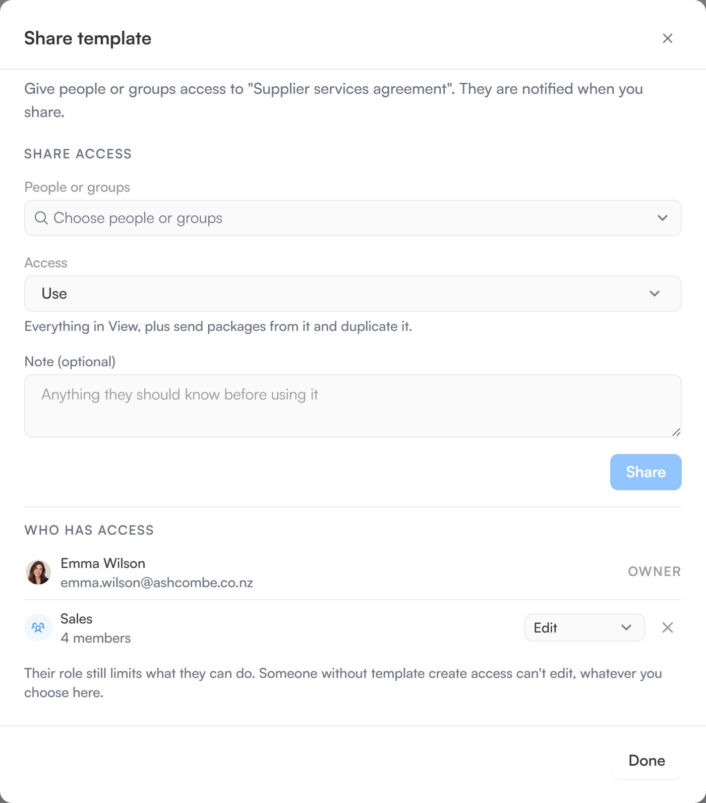 The Share template dialog with a people or groups picker, access levels, a note and the Who has access list