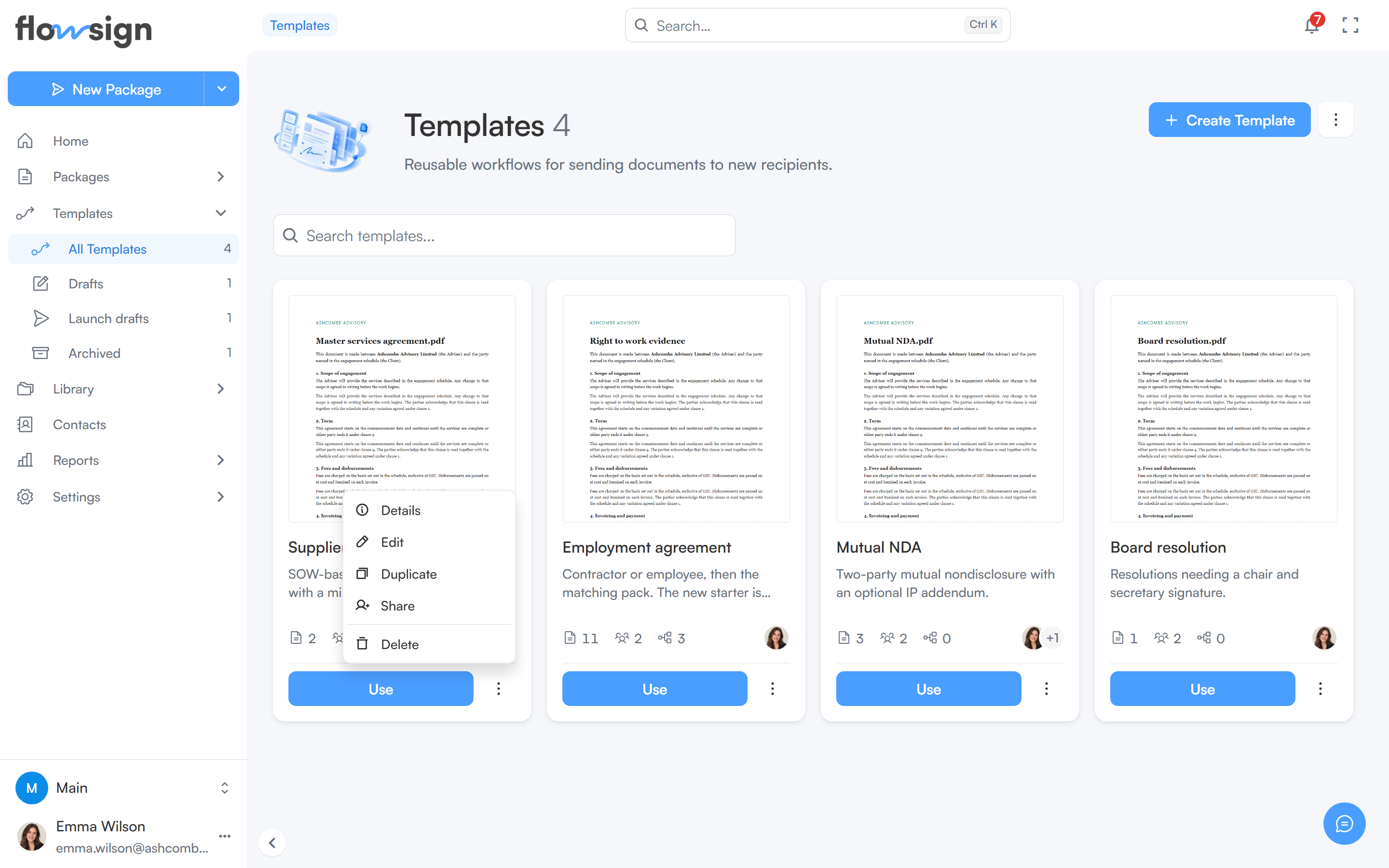 The Templates page with a template's menu open, showing Details, Edit, Duplicate, Share and Delete